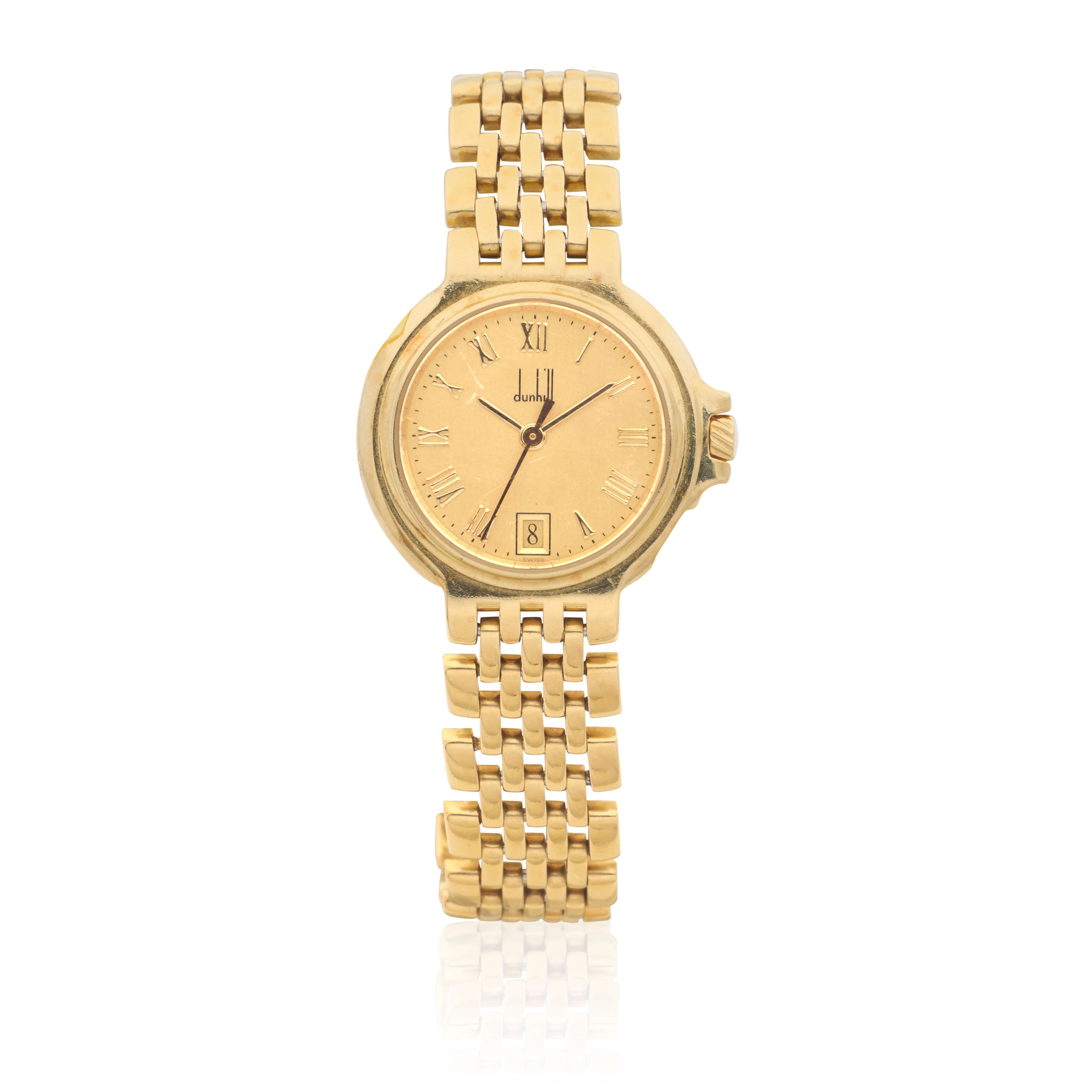 Dunhill. A lady's 18K gold quartz calendar bracelet watch Circa 1990