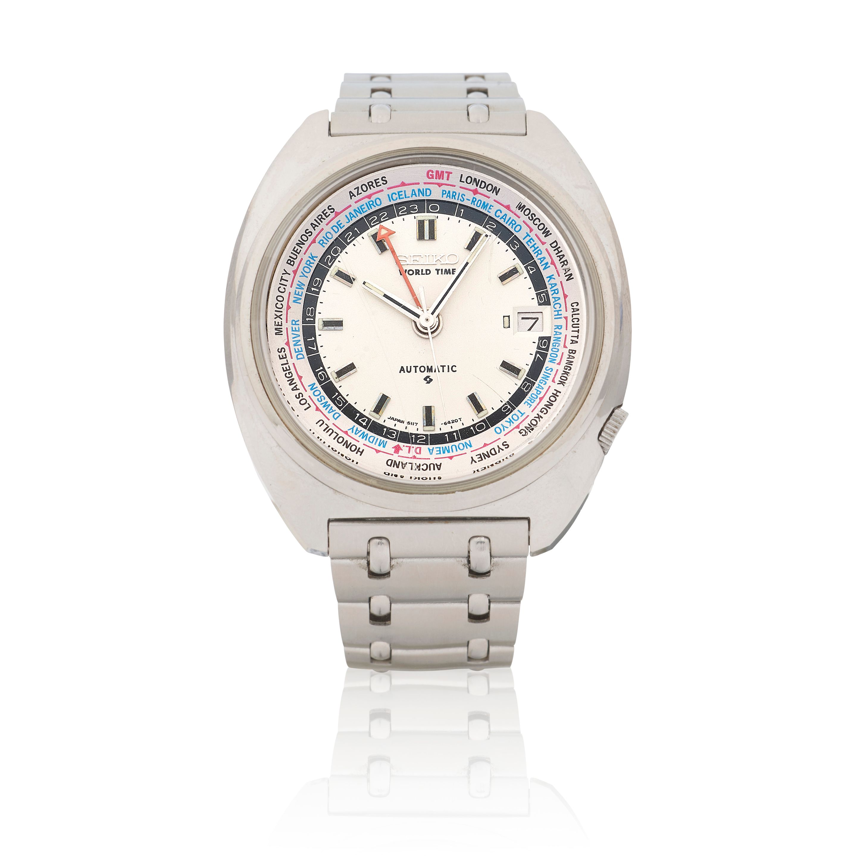 Seiko. A stainless steel automatic calendar bracelet watch with world time and 24 hour indication World Time, Ref: 6117-6400, Circa 1970