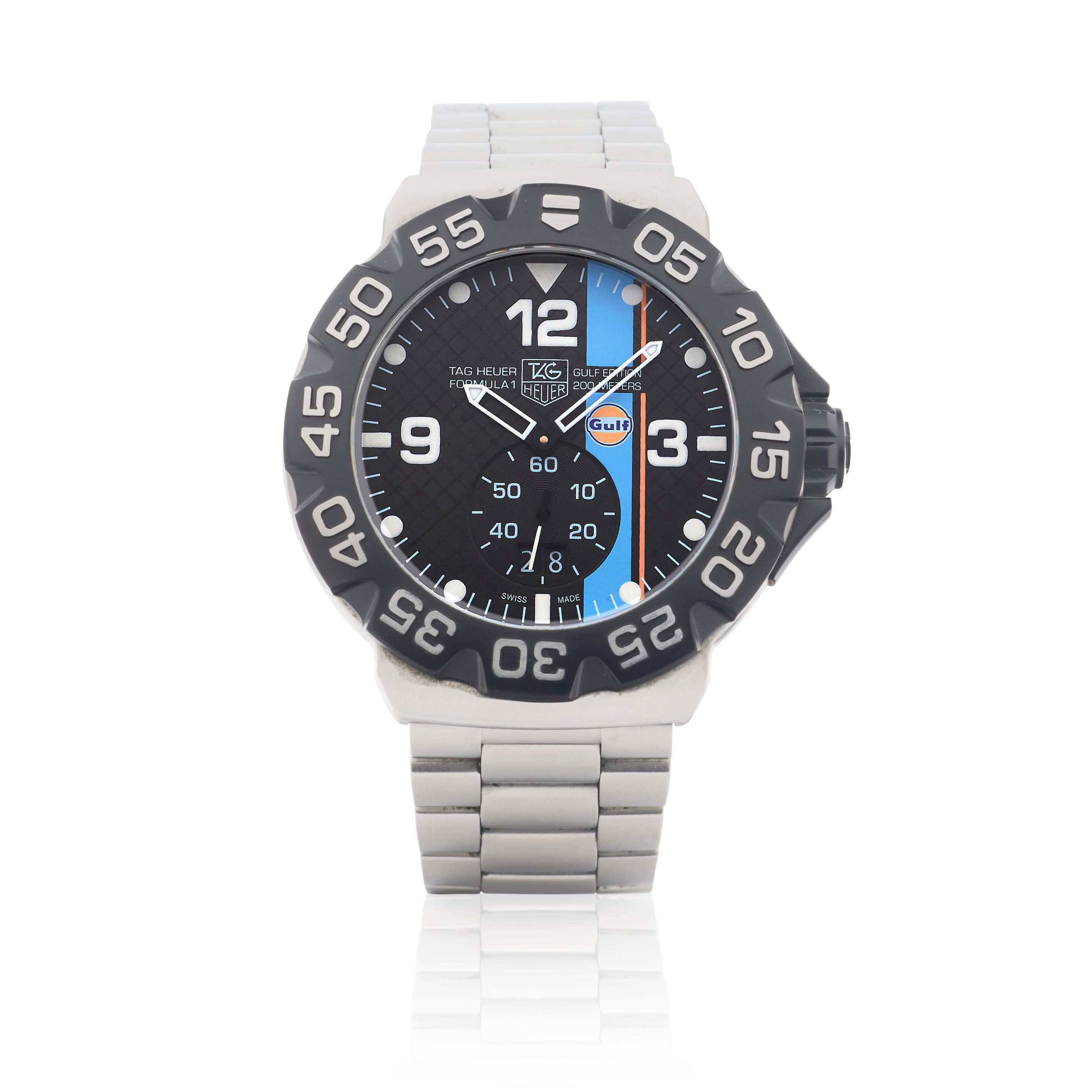 TAG Heuer. A stainless steel quartz calendar bracelet watch Formula 1 Gulf Edition, Ref: WAH1013, Purchased 17th September 2011