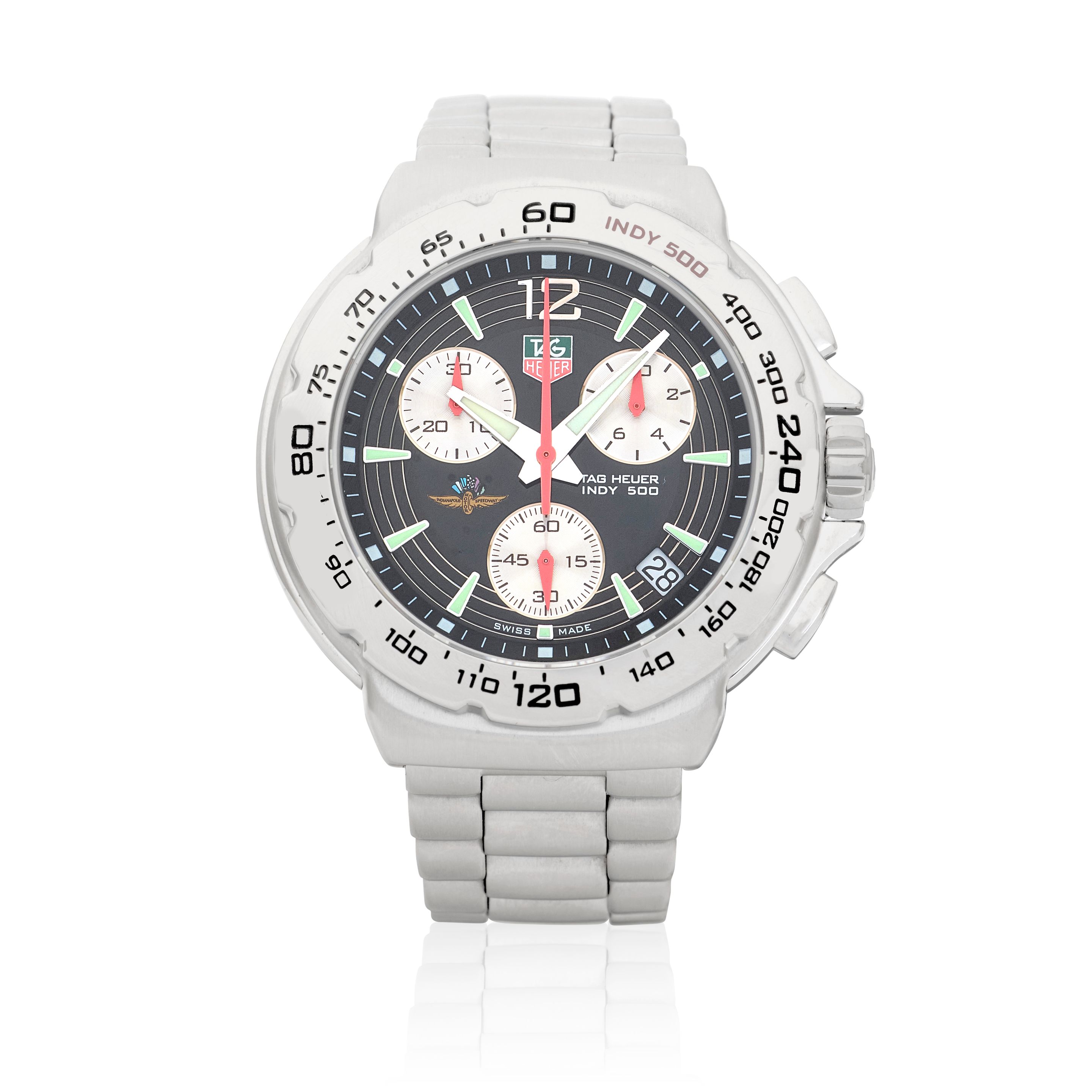 TAG Heuer. A stainless steel quartz calendar chronograph bracelet watch Indy 500, Ref: CAC111B , Purchased 11th August 2012