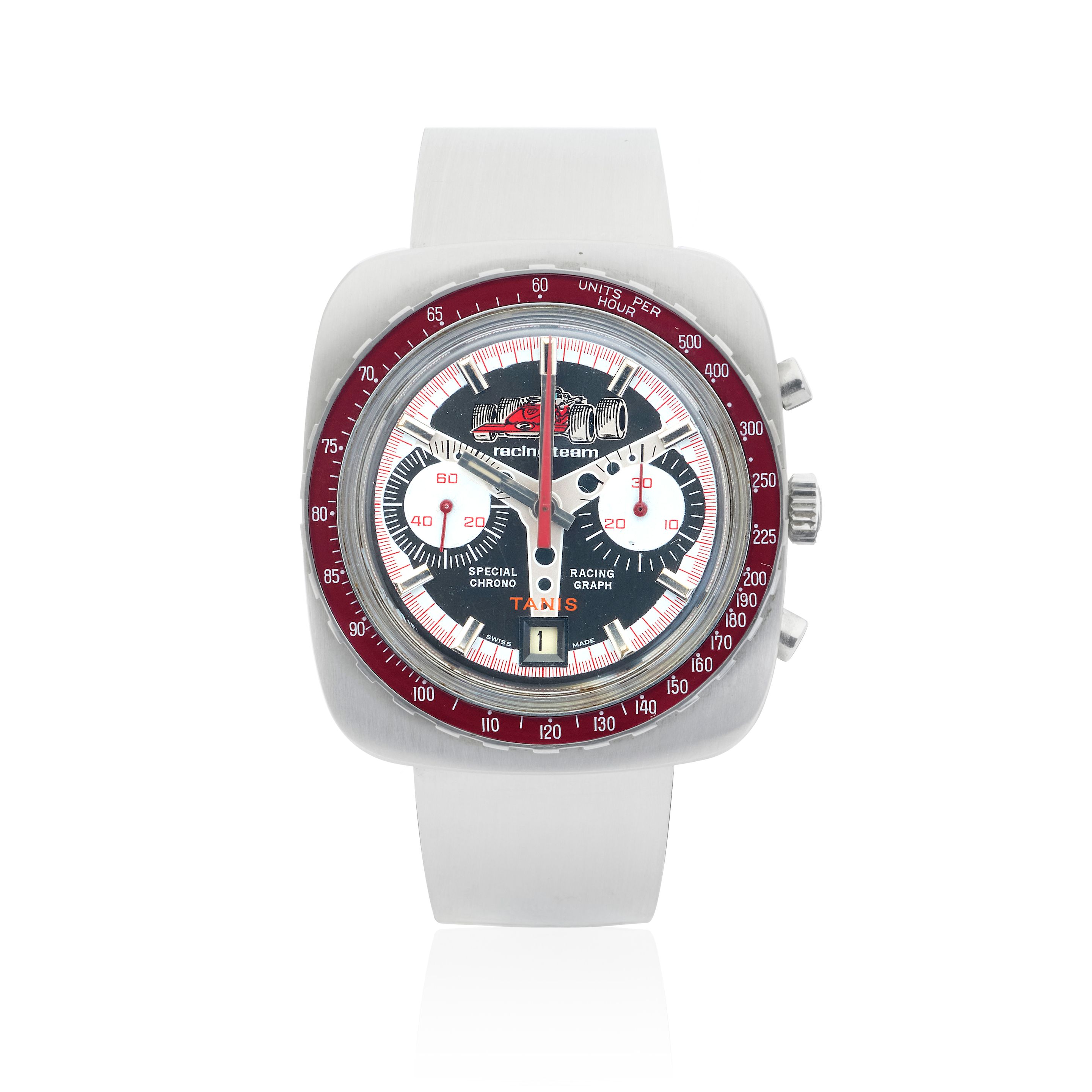Tanis. A stainless steel manual wind chronograph calendar wristwatch Racing team, Ref: 25 ATU 1130, Circa 1970