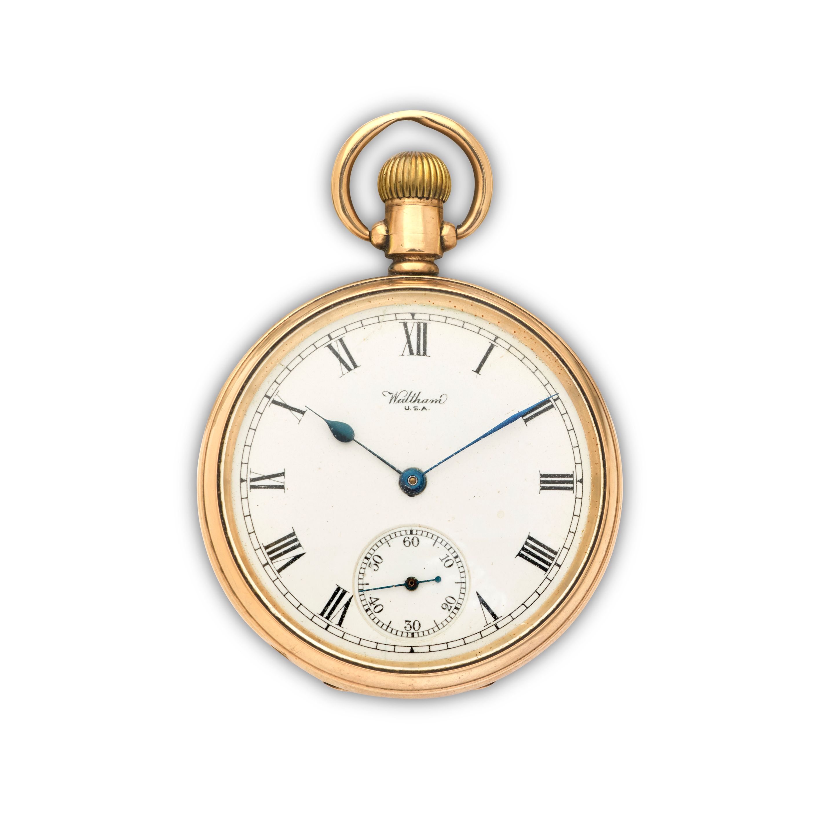 Waltham. A 9K gold keyless wind open face pocket watch Chester Hallmark for 1924