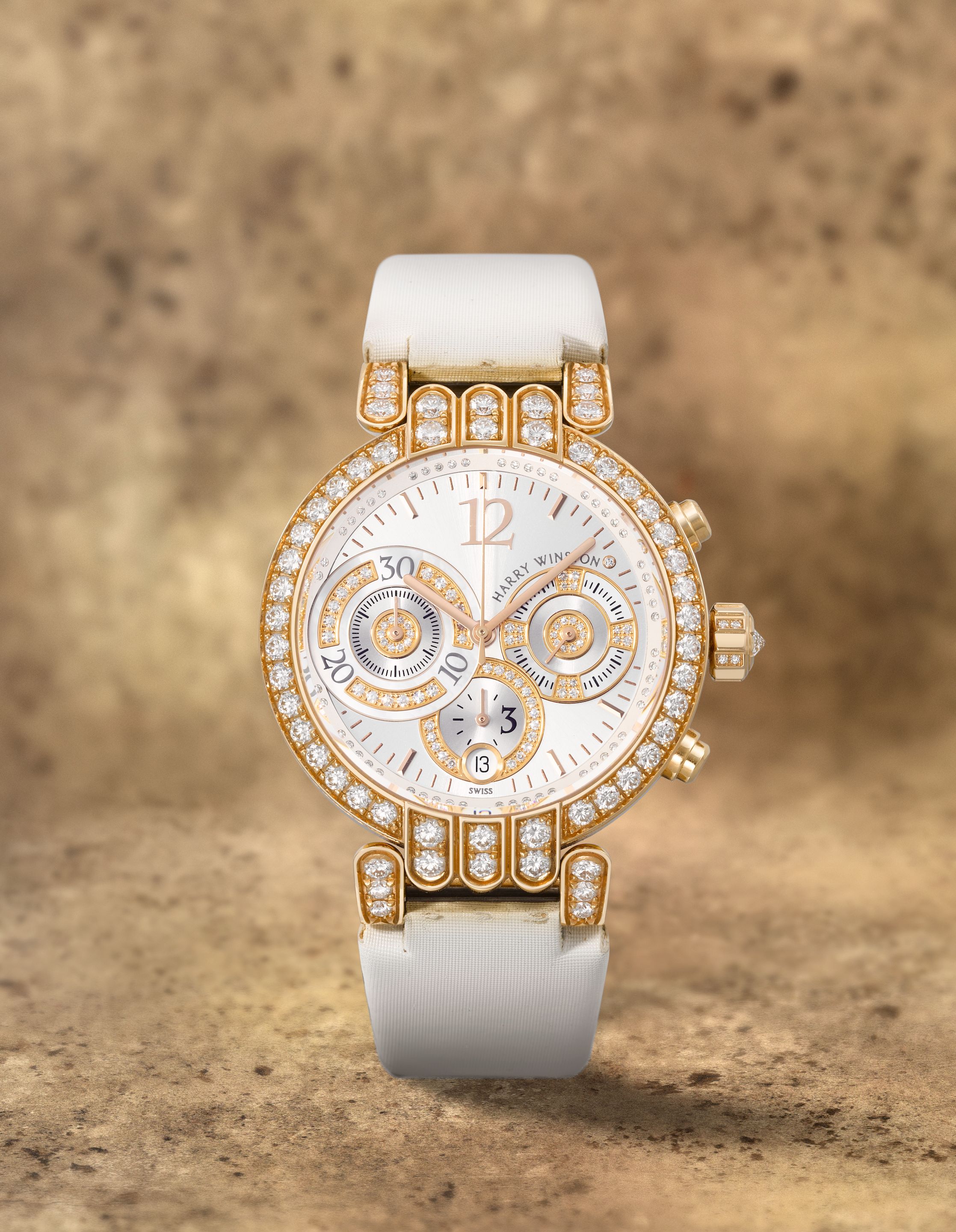 Harry Winston. A fine 18K rose gold and diamond set automatic calendar chronograph wristwatch Premier, Ref: 200-UCA39R, No.040, Circa 2020