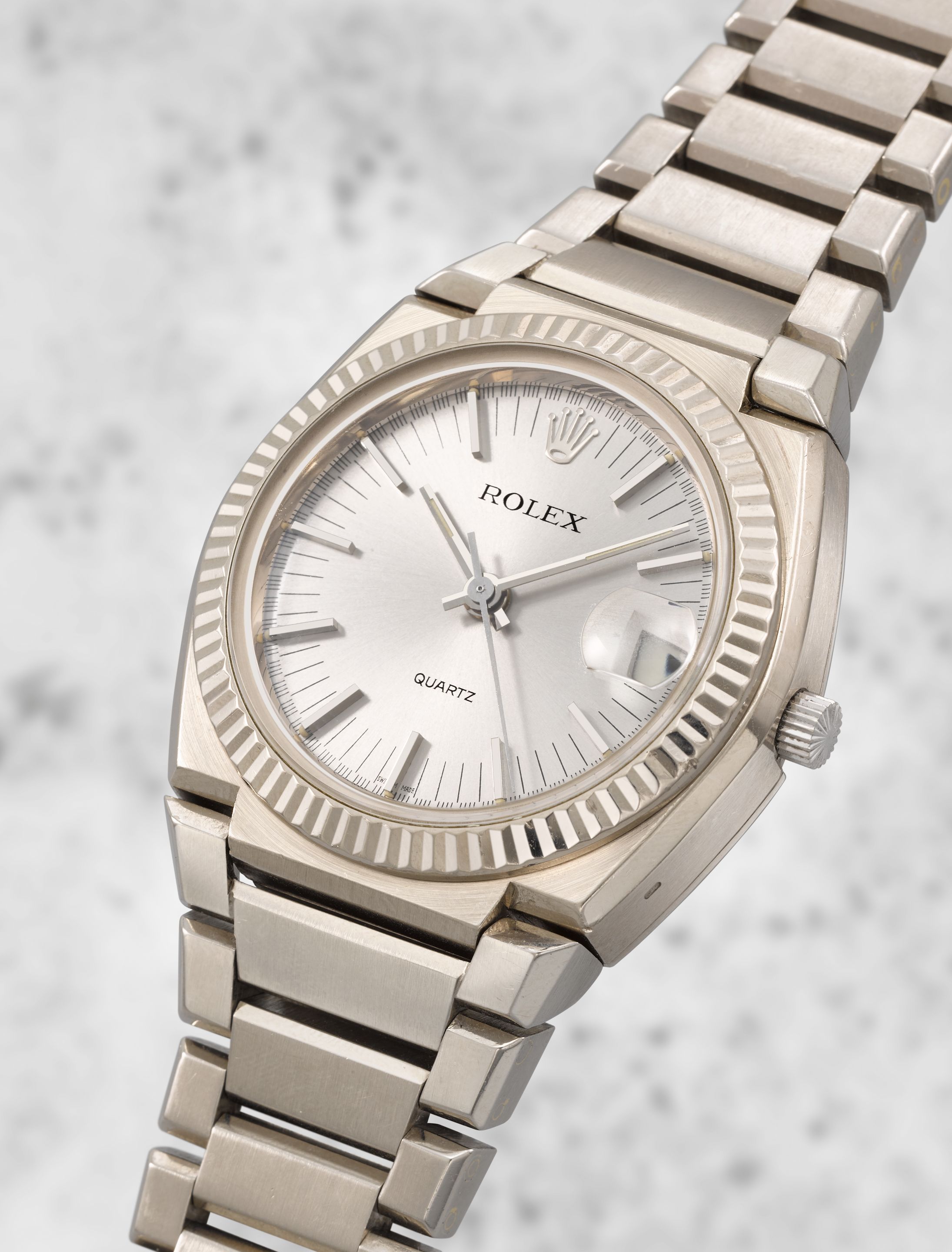 Rolex. A fine and very rare 18K white gold quartz calendar bracelet watch recently service by the Rolex Atelier de Restauration 'Texan' Beta 21, Ref: ...