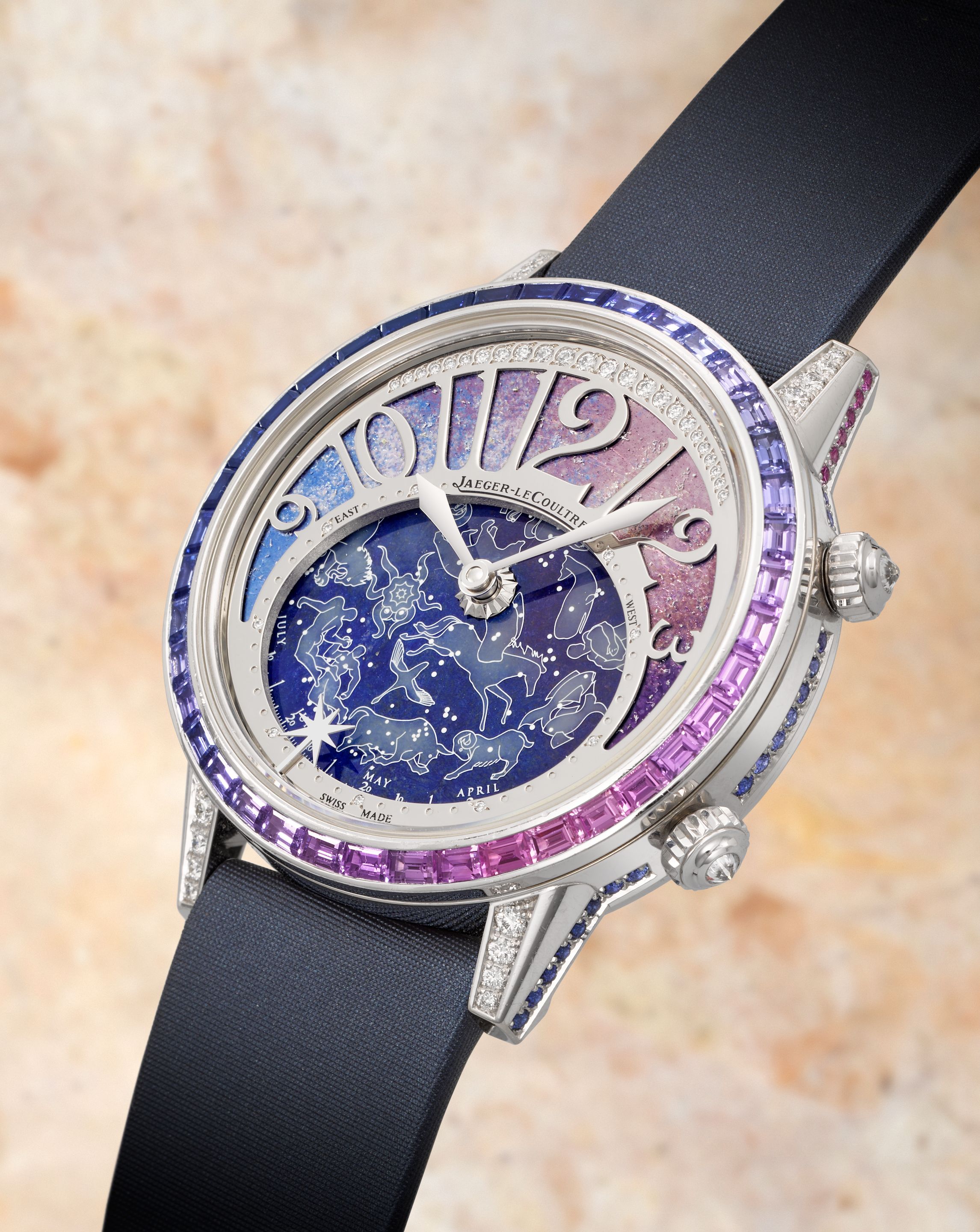 Jaeger-LeCoultre. A fine and very Limited Edition lady's 18K white gold diamond and sapphire set automatic astronomical wristwatch with enamel and lapis lazuli dial Rendez-Vous ...