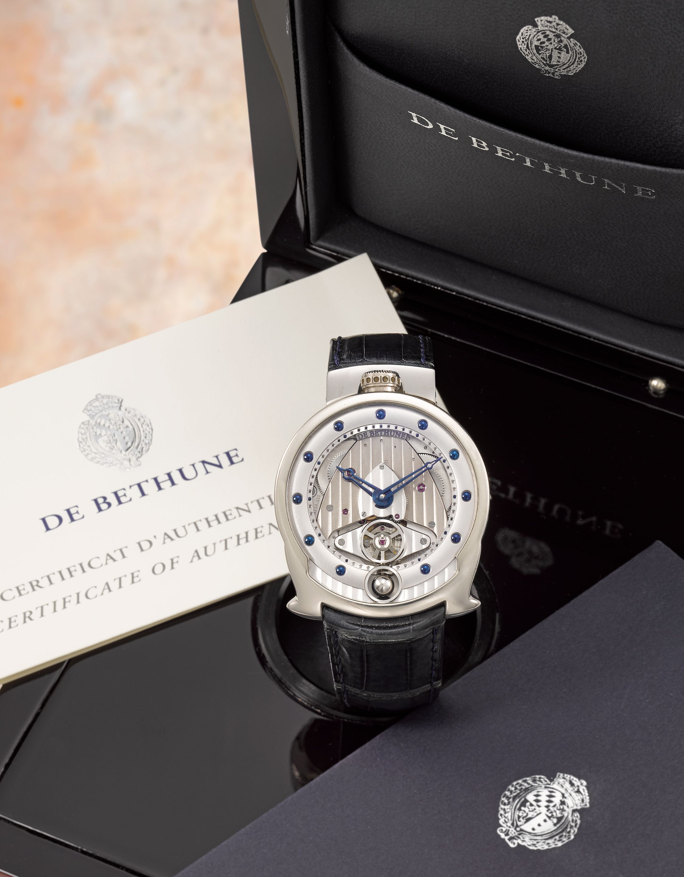 De Bethune. A fine and unusual 18K white gold manual wind skeletonised wristwatch with spherical 3D moon phase DBS-W, No.059, Purchased 24th May 2007