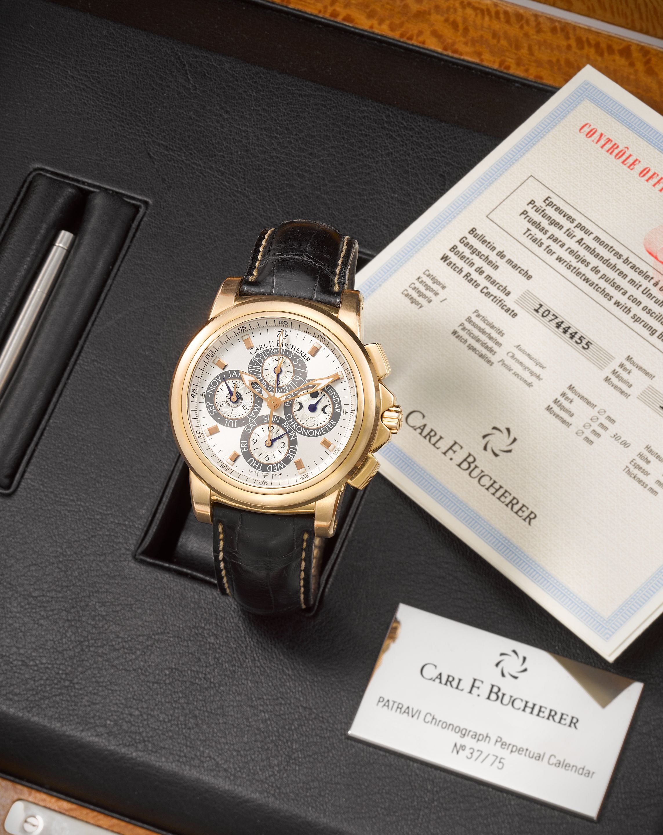 Carl F Bucherer. A fine and rare Limited Edition 18K rose gold automatic perpetual calendar chronograph wristwatch with moon phase Patravi Tribute to Fritz Brun, ...