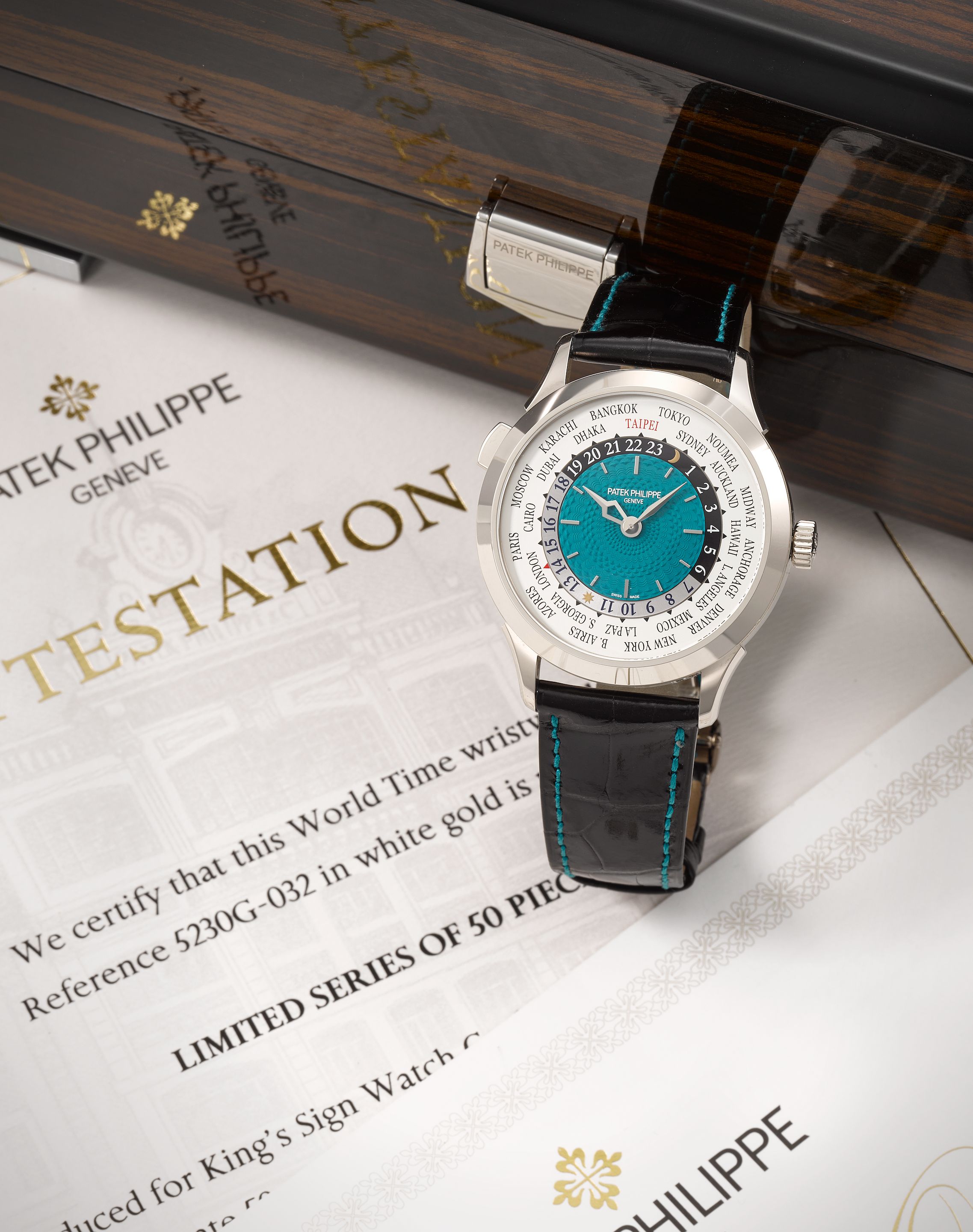 Patek Philippe. A fine and very rare Limited Edition 18K white gold automatic wristwatch with world time and 24 hour indication produced to commemorate the ...