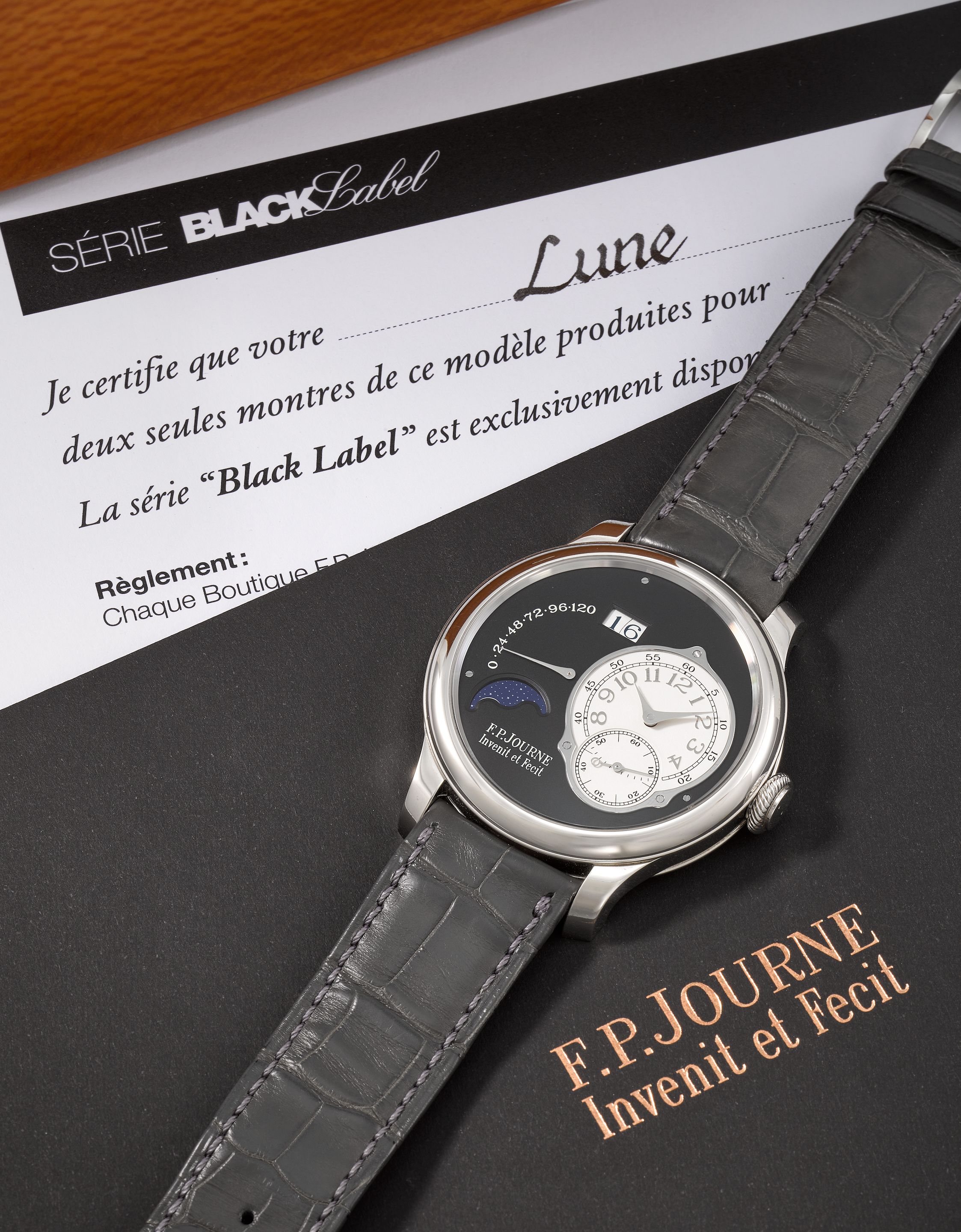 F.P. Journe. A fine and rare platinum automatic calendar wristwatch with power reserve and moon phase Lune Black Label, Purchased June 2022