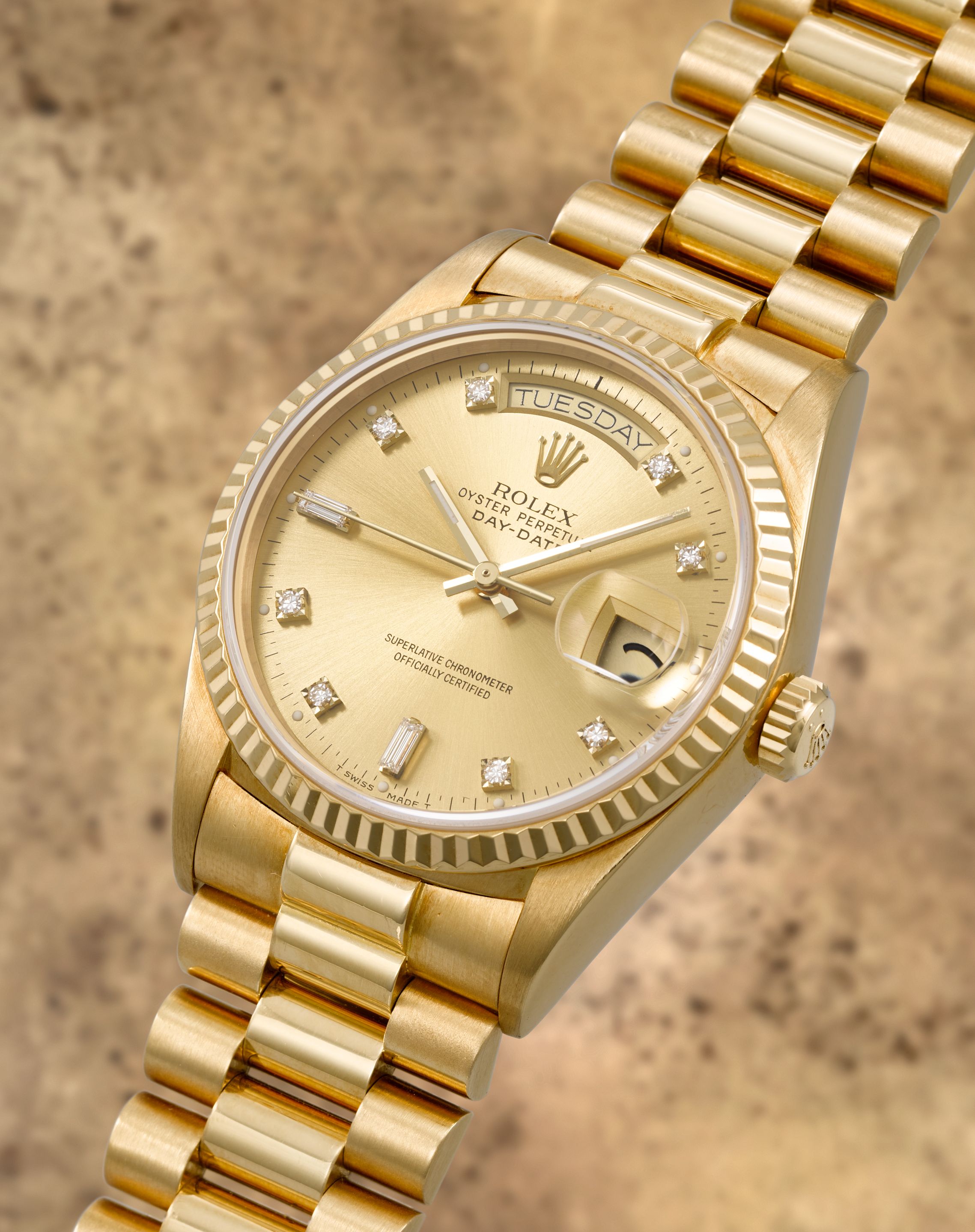 Rolex. A fine 18K gold diamond set automatic calendar bracelet watch Day-Date, Ref: 18038, Circa 1987