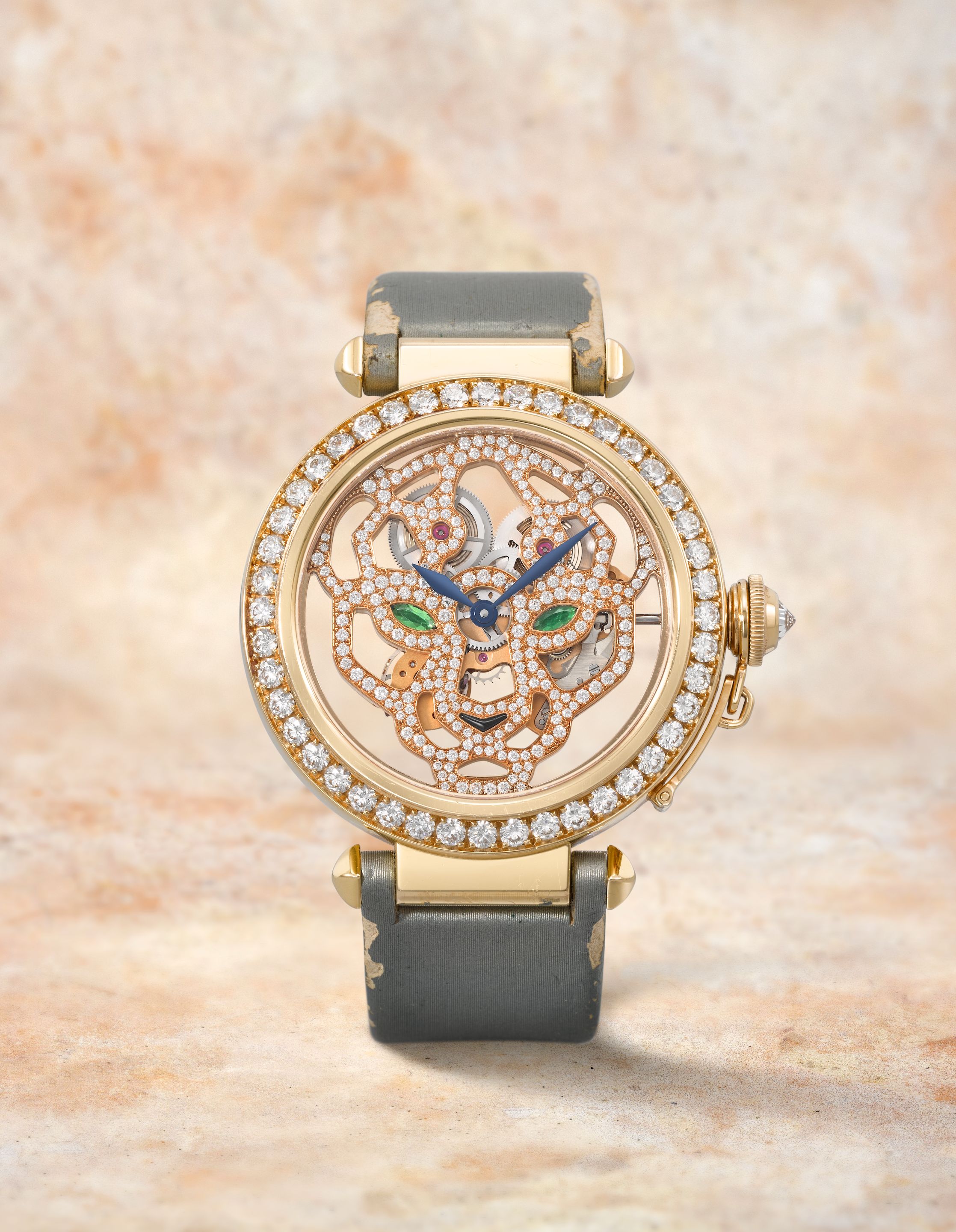 Cartier. A fine 18K rose gold and diamond set skeletonised manual wind wristwatch Pasha, Ref: 3438, Circa 2010