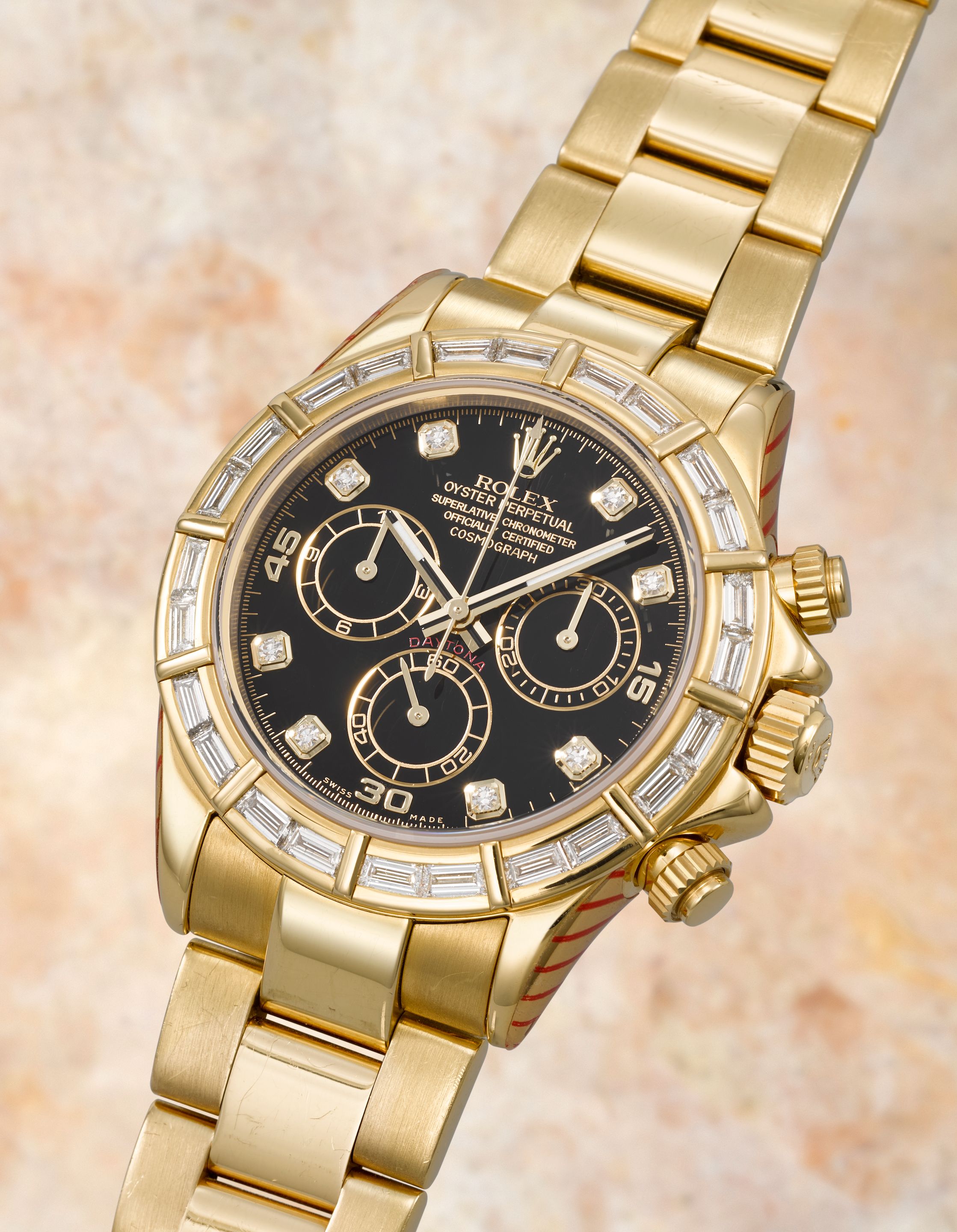 Rolex. A fine and rare recently serviced 18K gold diamond set automatic chronograph bracelet watch Cosmograph Daytona, Ref: 116568BR, Circa 2000