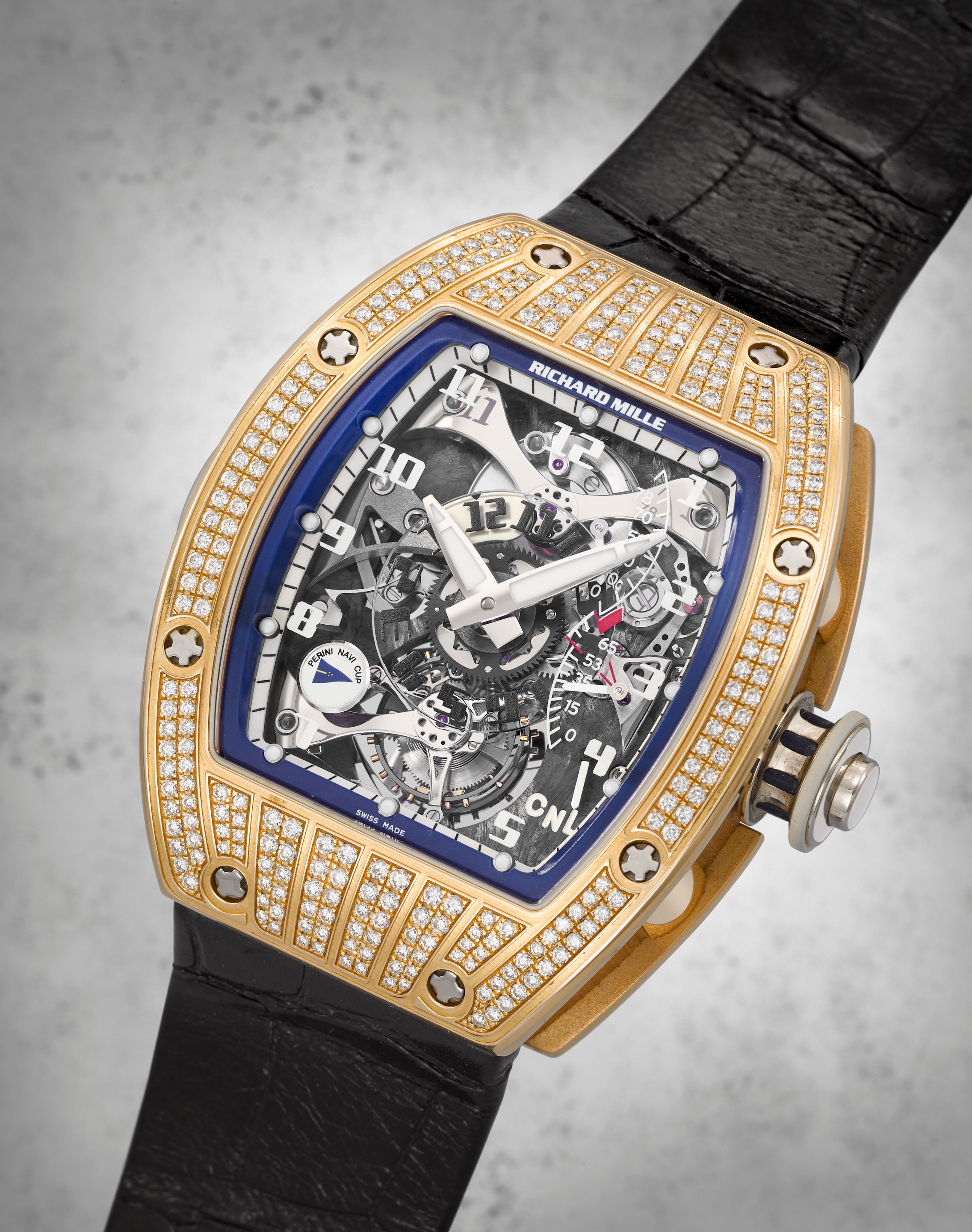 Richard Mille. A unique and extremely fine 18K rose gold diamond set tourbillion wristwatch with dual time zone indicator, function selector, 75 hour power-reserve and ...