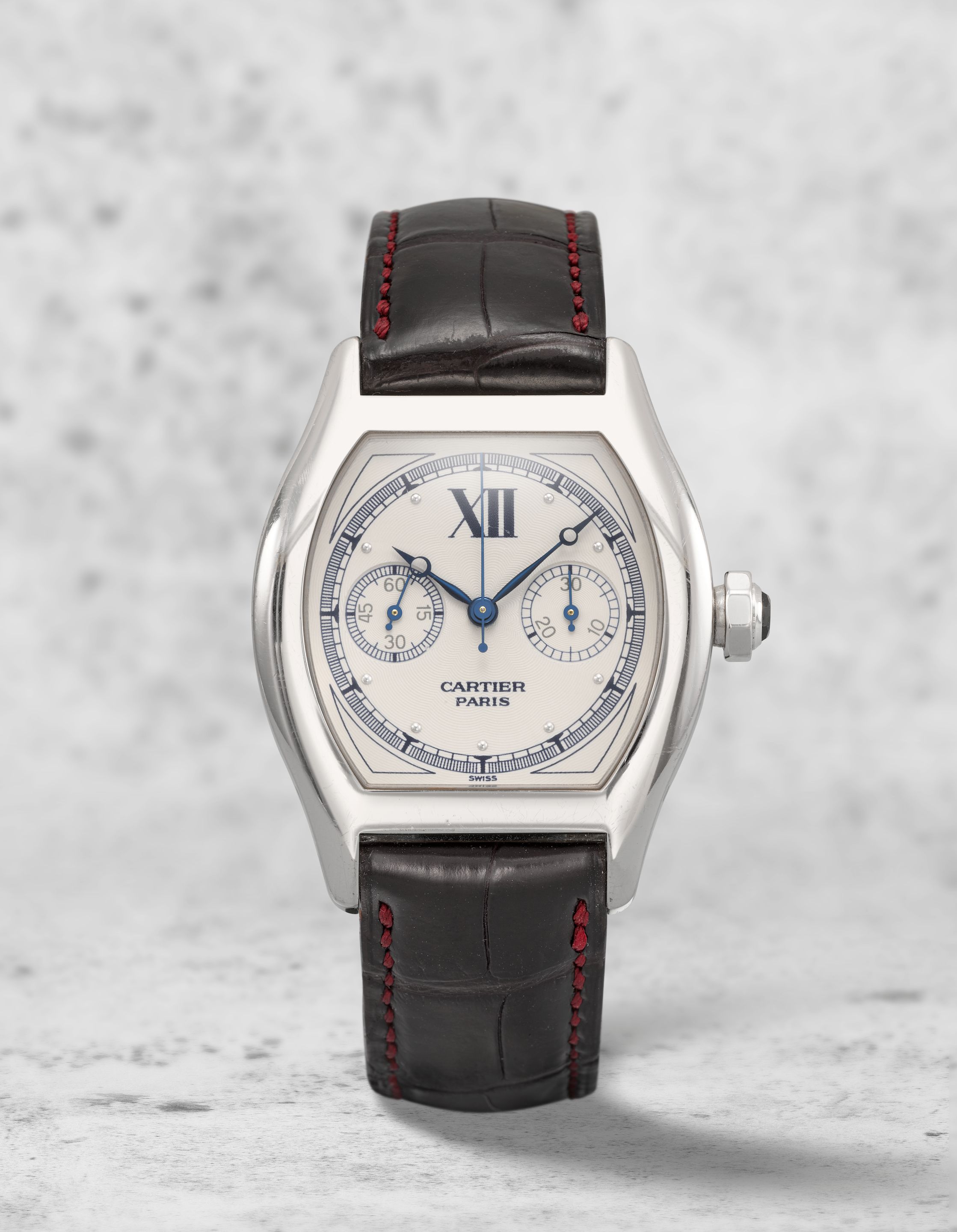Cartier. A fine and rare 18K white gold manual wind single button chronograph wristwatch Collection Privée, Tortue Monopoussoir, Ref: 2396, Circa 1999