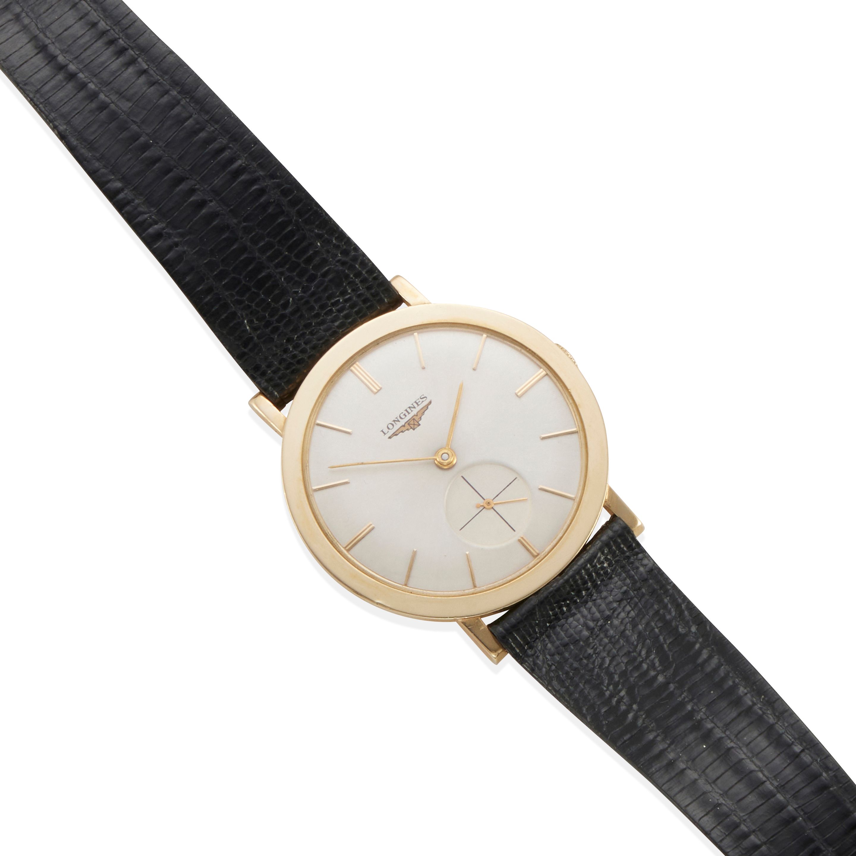 LONGINES: 14K GOLD AND LEATHER WRISTWATCH