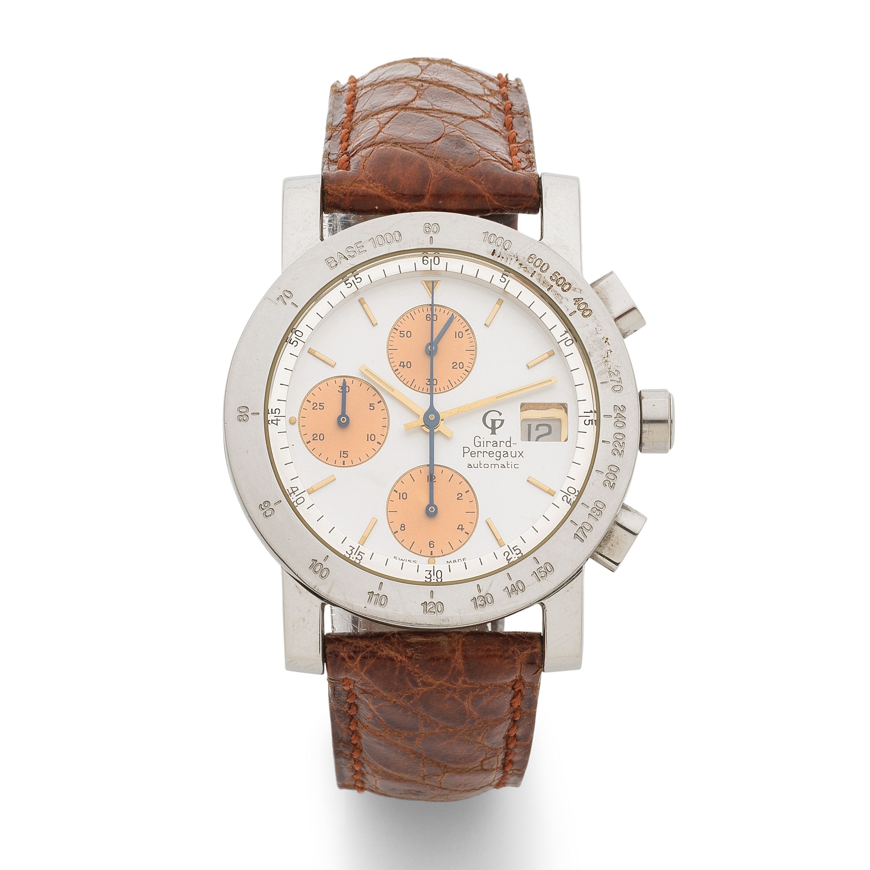 Girard-Perregaux. A stainless steel automatic calendar chronograph wristwatch Girard-Perregaux. Chronographe bracelet en acier avec date mouvement automatique Ref: 70141141, Purchased 13th September 1990