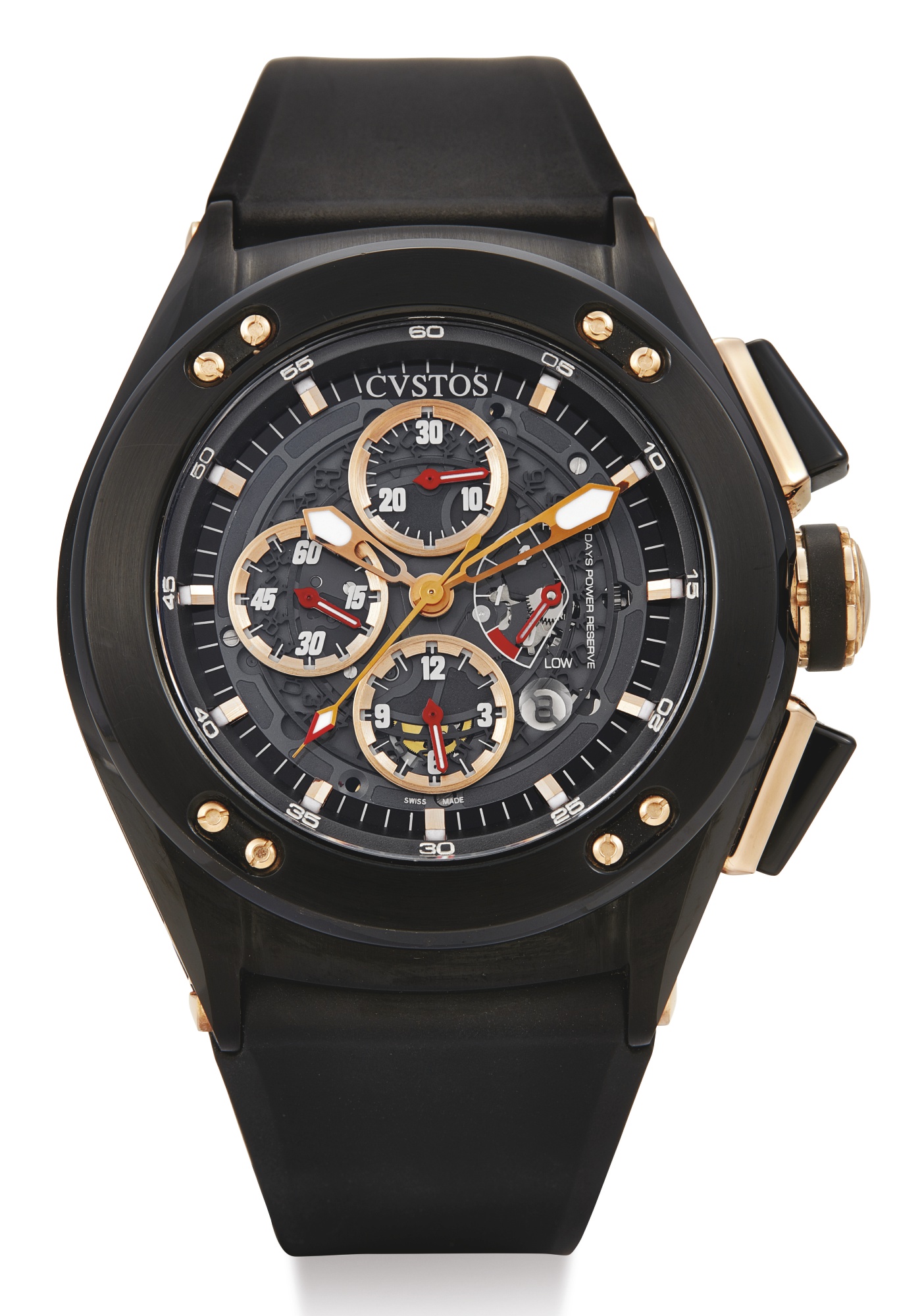 CVSTOS, BLACKENED STAINLESS STEEL AND PINK GOLD CHRONOGRAPH WRISTWATCH WITH DATE AND POWER RESERVE INDICATION, CHALLENGE-R 50