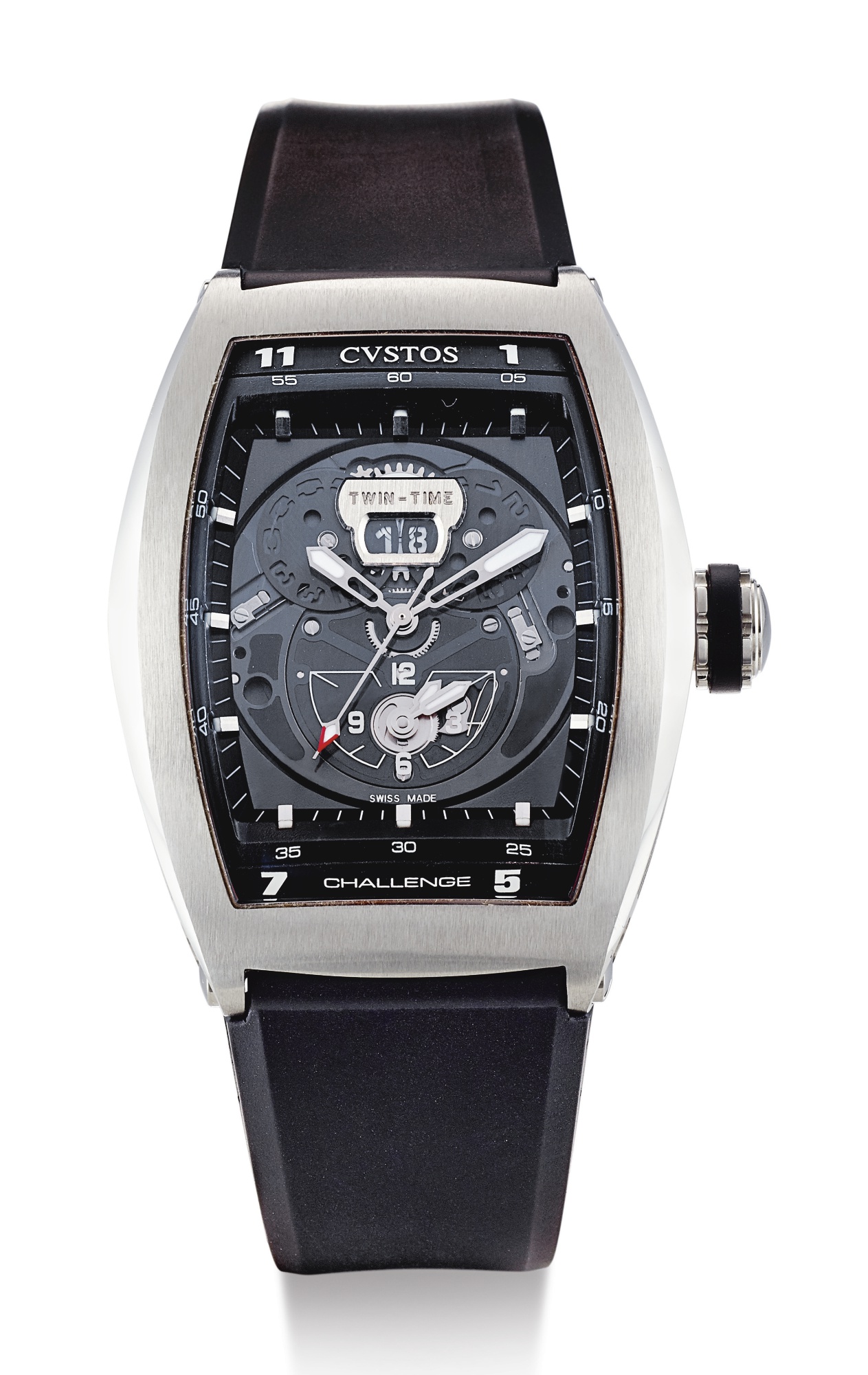 CVSTOS, STAINLESS STEEL TONNEAU-FORM DUAL-TIME ZONE WRISTWATCH WITH DATE, CHALLENGE