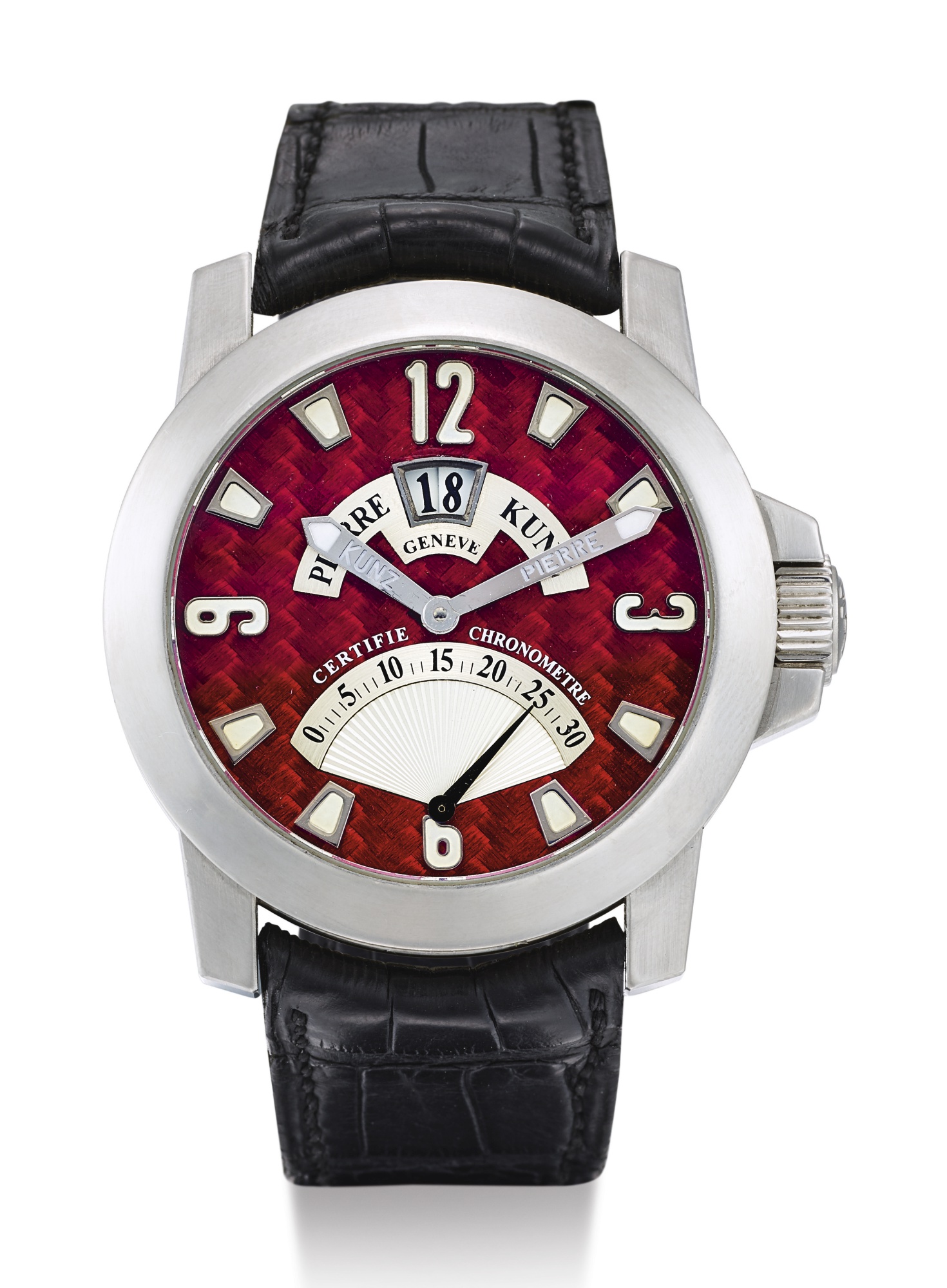 PIERRE KUNZ, STAINLESS STEEL WRISTWATCH WITH DATE AND RETROGRADE 30-SECOND INDICATION,  SPIRIT OF CHALLENGE, REF G016