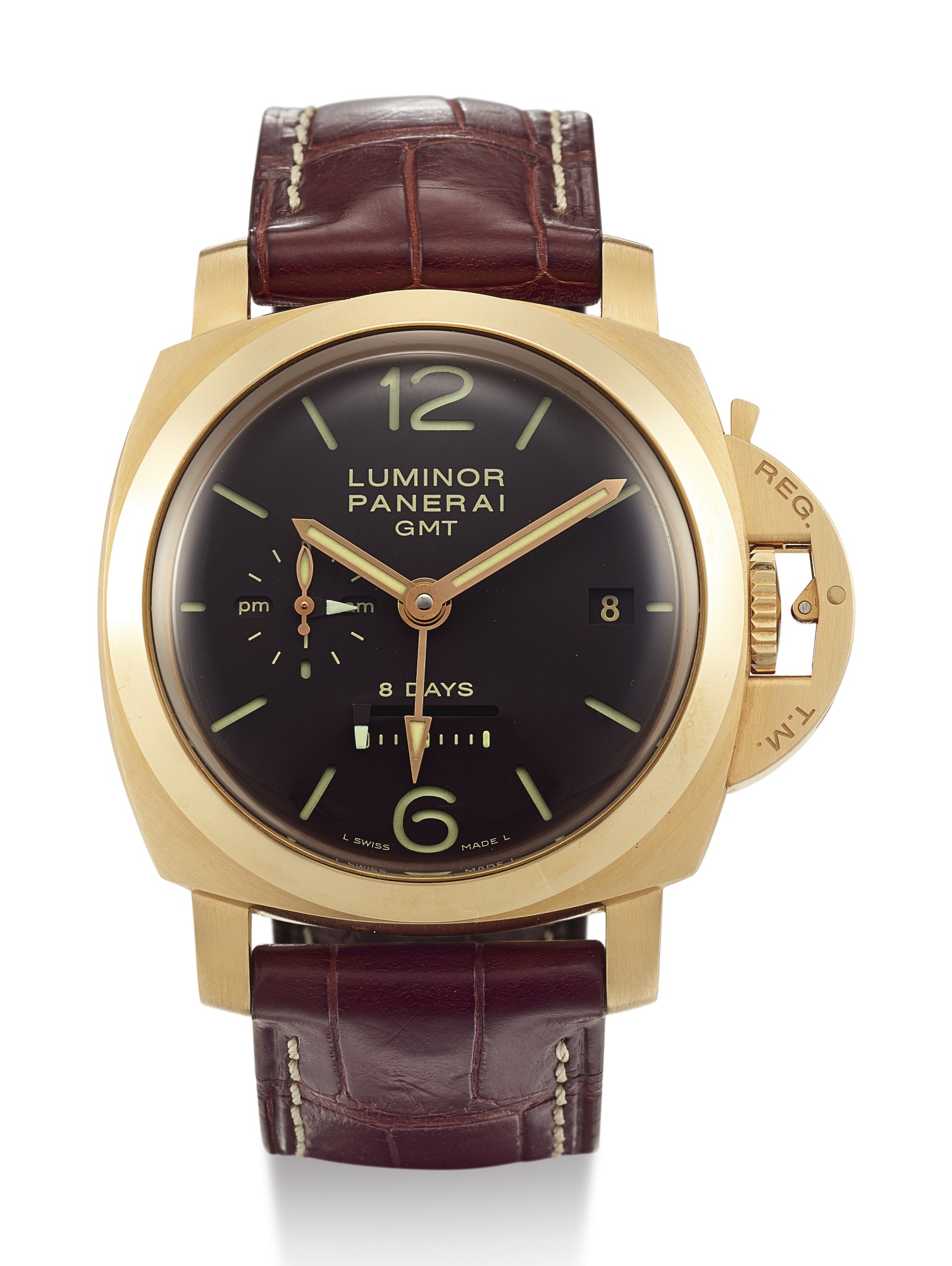 PANERAI, YELLOW GOLD DUAL TIME ZONE WRISTWATCH WITH DATE AND 24-HOUR INDICATION, LUMINOR 1950 8 DAYS GMT, PAM00289