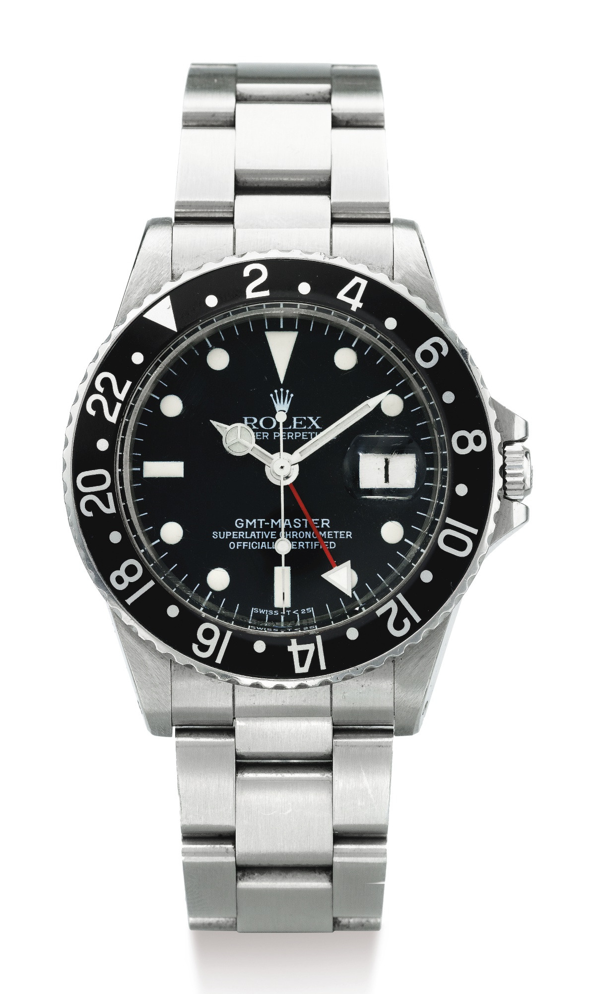ROLEX, STAINLESS STEEL DUAL TIME ZONE WRISTWATCH WITH DATE AND BRACELET, GMT MASTER, REF 1675