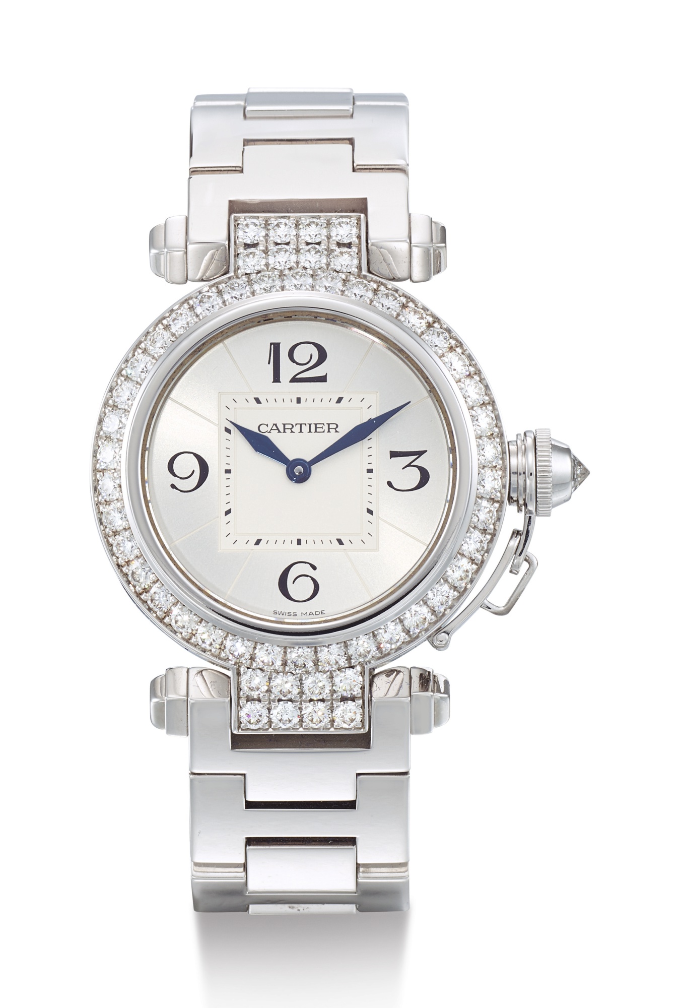 CARTIER, LADY'S WHITE GOLD AND DIAMOND-SET WRISTWATCH WITH BRACELET, PASHA