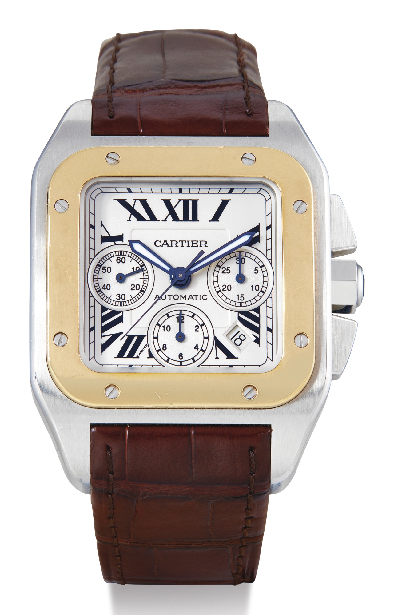 CARTIER, STAINLESS STEEL AND YELLOW GOLD CHRONOGRAPH WRISTWATCH WITH DATE, SANTOS 100, REF 2740