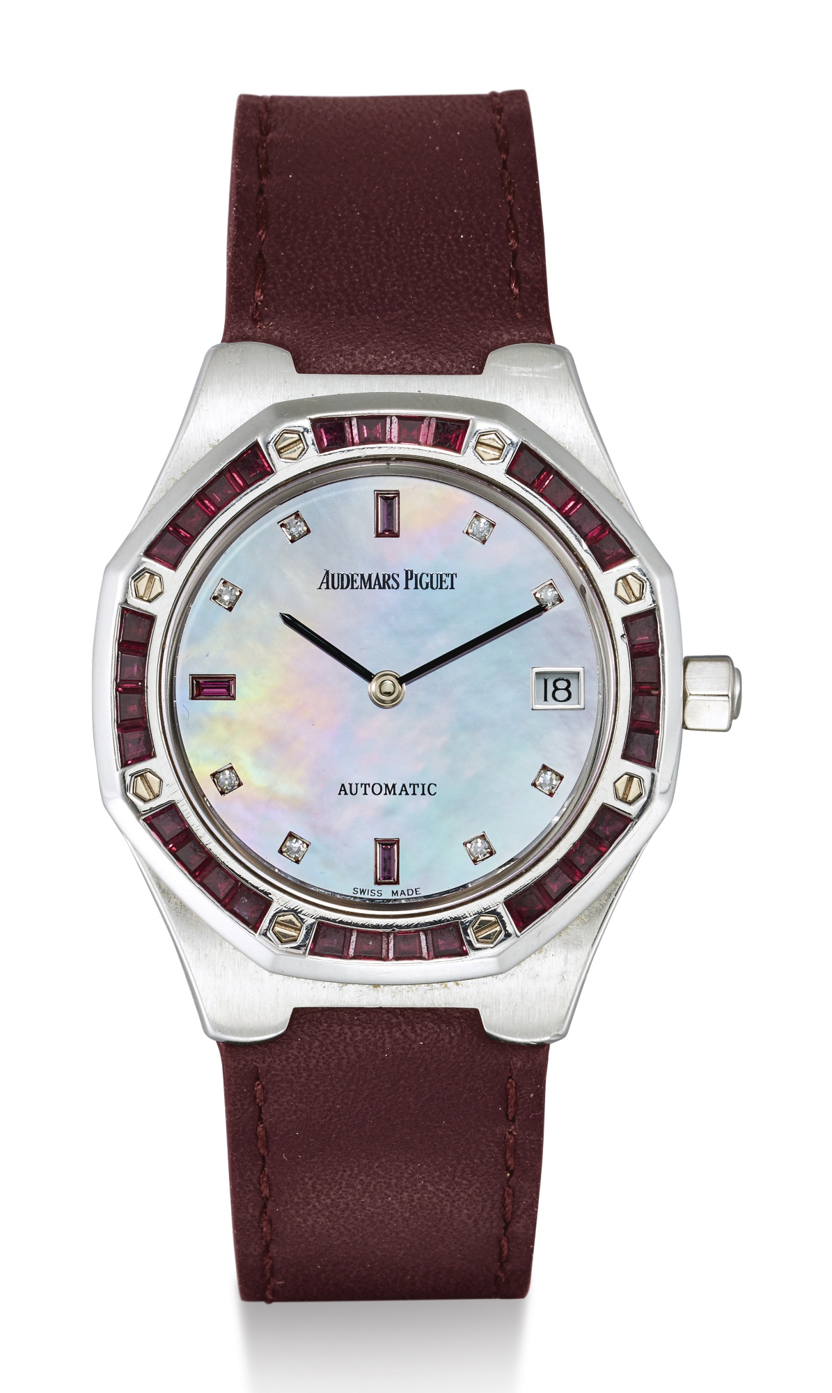 AUDEMARS PIGUET, LADY'S WHITE GOLD AND RUBY-SET WRISTWATCH WITH DIAMOND AND RUBY-SET INDEXES AND MOTHER-OF-PEARL DIAL, ROYAL OAK