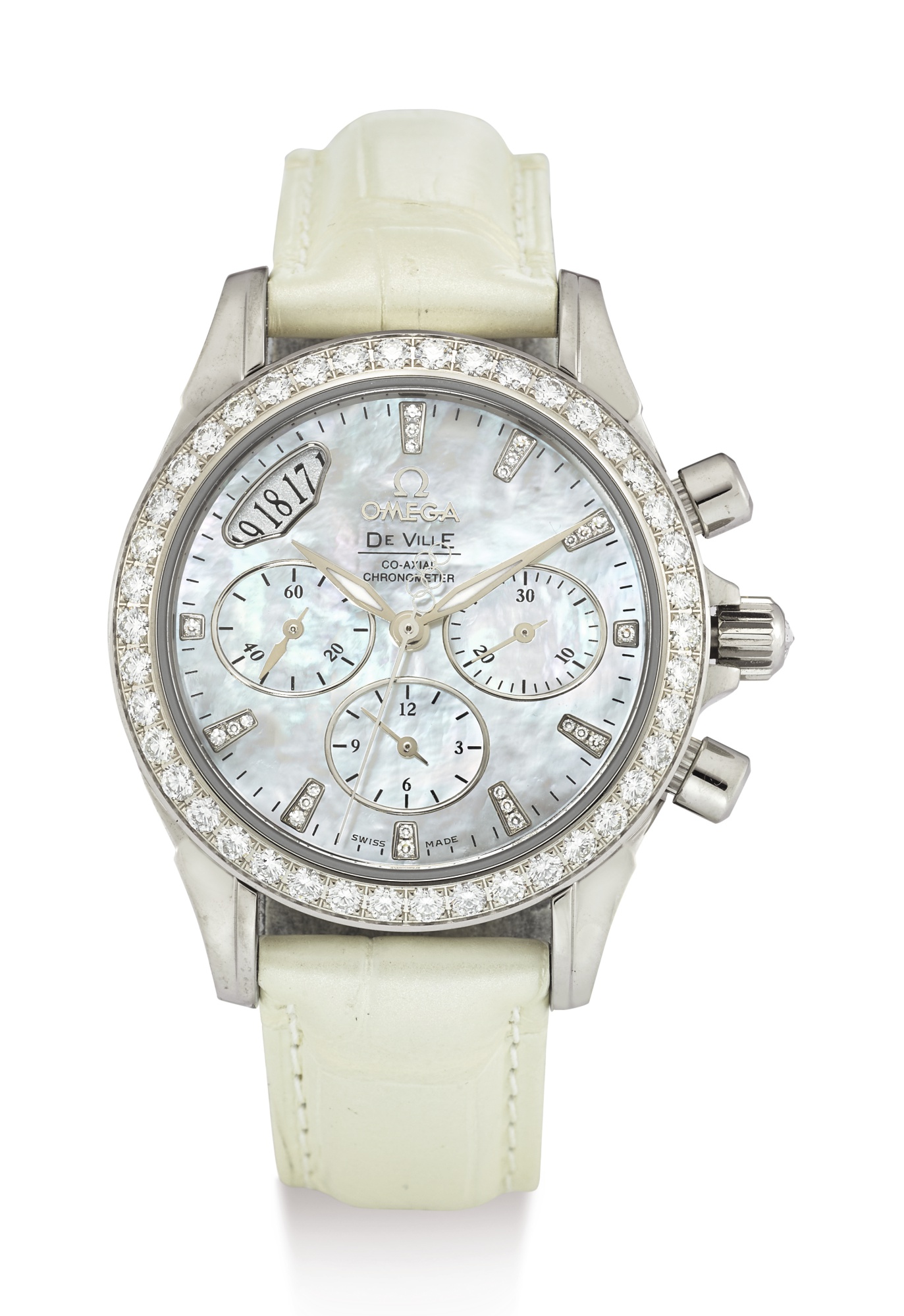OMEGA, LADY'S LIMITED EDITION WHITE GOLD AND DIAMOND-SET CHRONOGRAPH WRISTWATCH WITH DATE AND MOTHER-OF-PEARL DIAL, DE VILLE BEIJING 2008