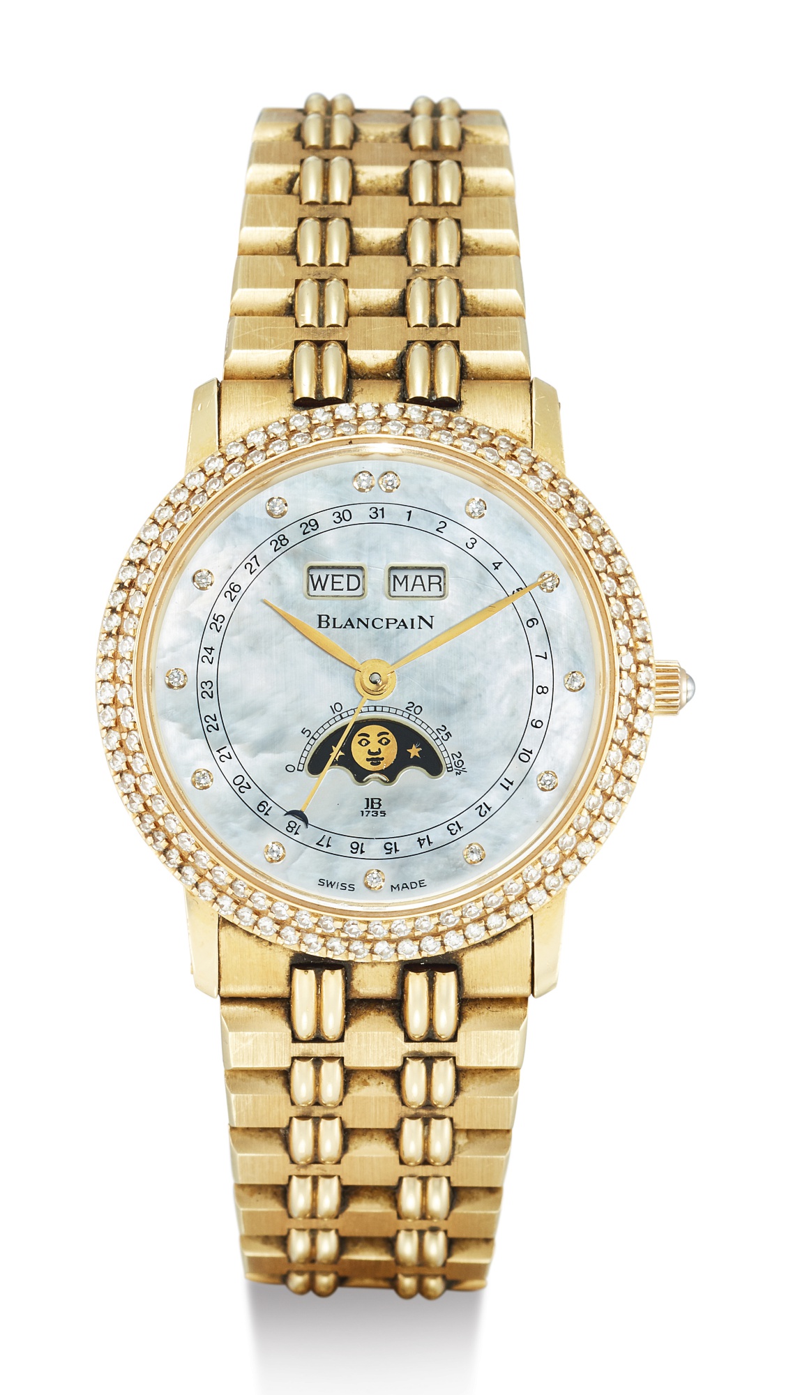 BLANCPAIN, LADY'S YELLOW GOLD AND DIAMOND-SET TRIPLE CALENDAR WRISTWATCH WITH MOON-PHASES, MOTHER-OF-PEARL DIAL AND BRACELET,  VILLERET