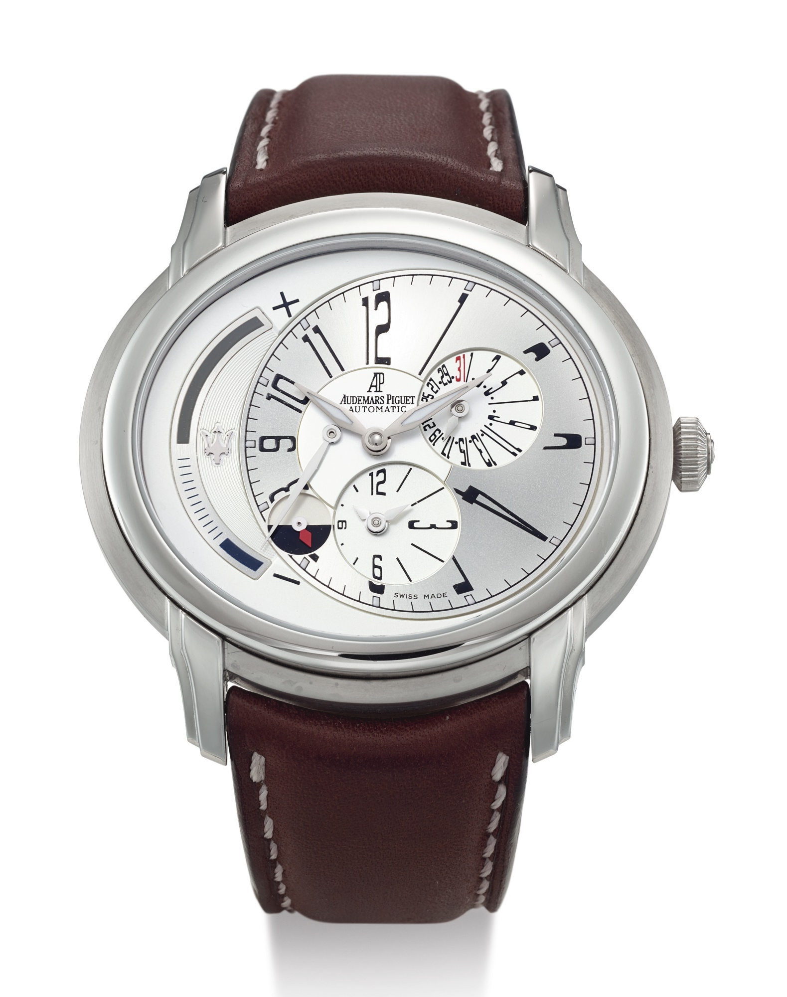 AUDEMARS PIGUET, LIMITED EDITION STAINLESS STEEL DUAL TIME ZONE WRISTWATCH WITH DATE, DAY/NIGHT AND POWER RESERVE INDICATION, MILLENARY MASERATI 90TH ANNIVERSARY