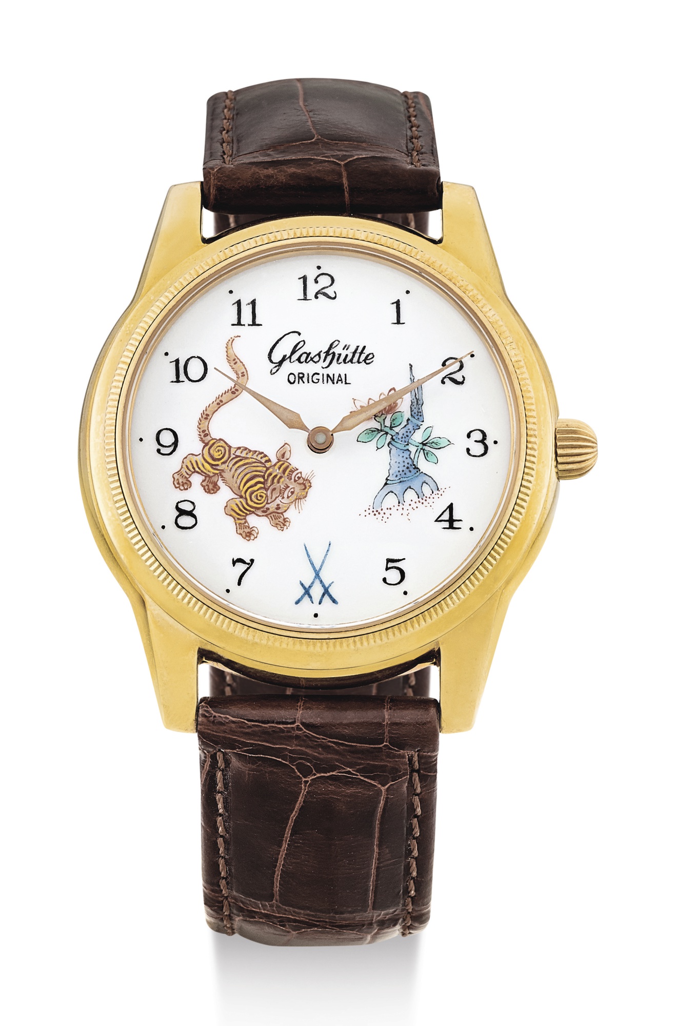 GLASHÜTTE ORIGINAL, LIMITED EDITION YELLOW GOLD WRISTWATCH WITH MEISSEN PORCELAIN DIAL, TIGER