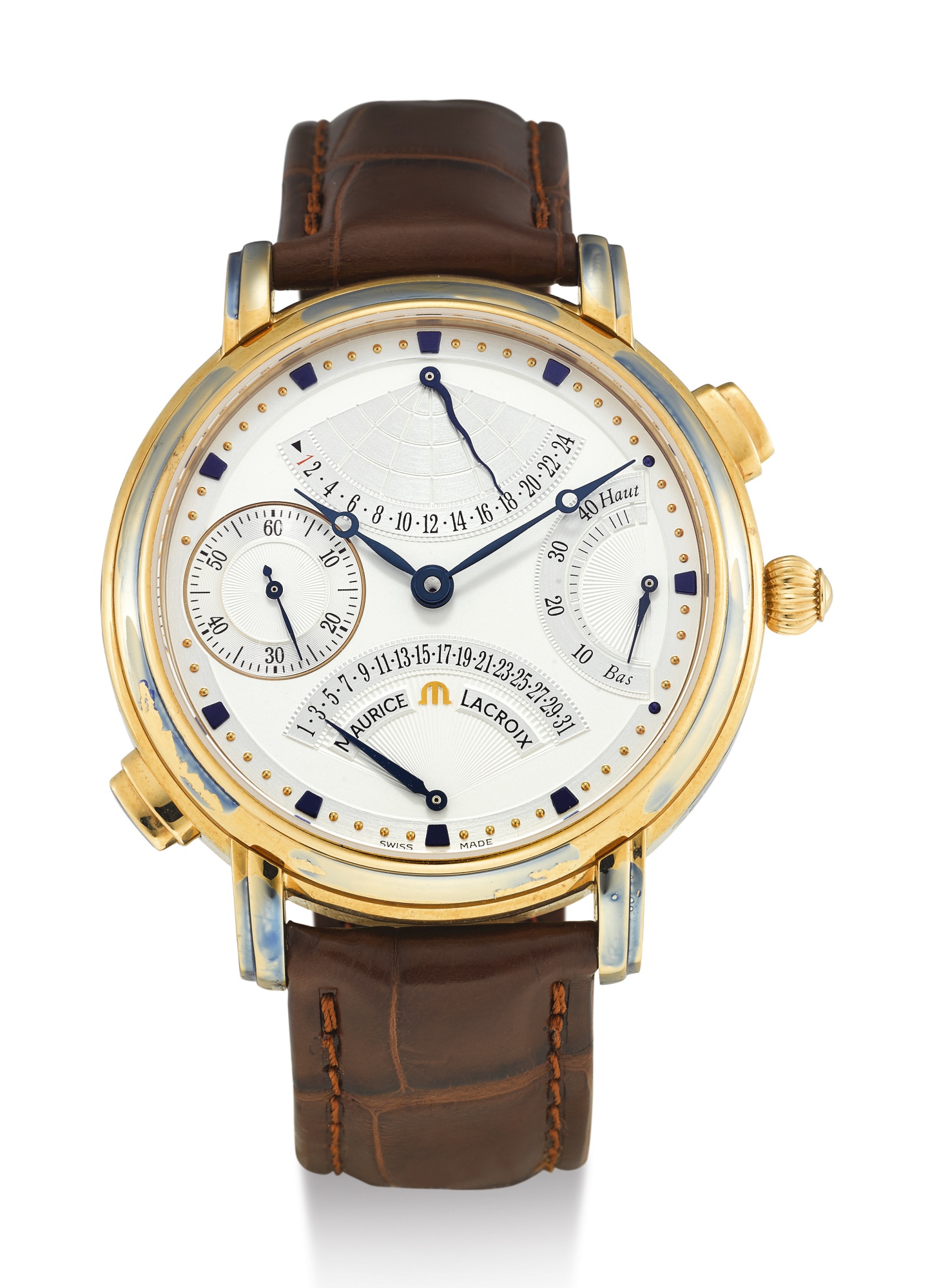 MAURICE LACROIX, YELLOW GOLD WRISTWATCH WITH POWER RESERVE INDICATION, RETROGRADE DATE AND 24-HOUR INDICATION, MASTERPIECE