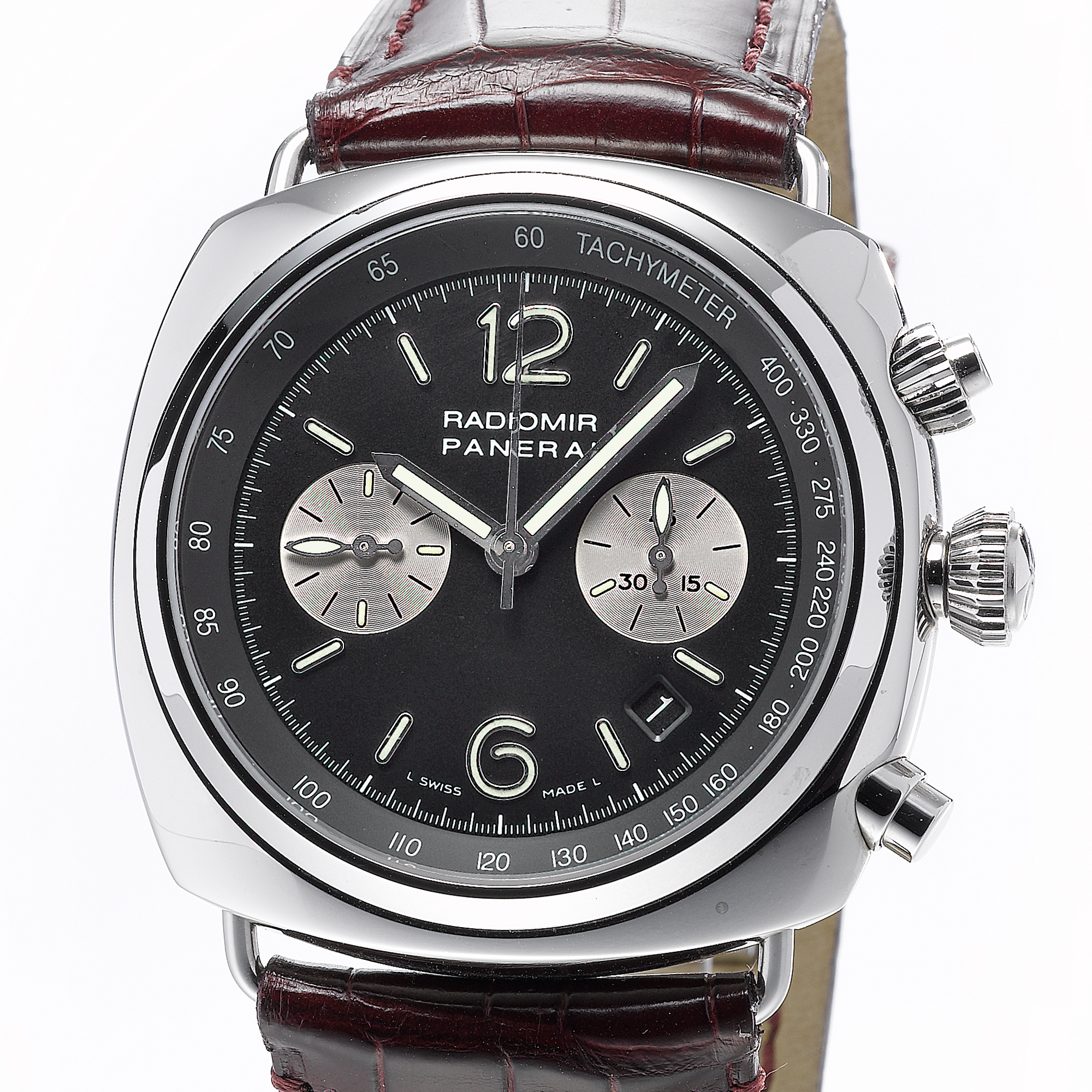 Panerai, AN OVERSIZED STAINLESS STEEL LIMITED EDITION CUSHION FORM CHRONOGRAPH WRISTWATCH WITH DATE, TACHYMETER  AND REGISTERS CIRCA 2003 PAM 163 RADIOMIR NO 158/230 