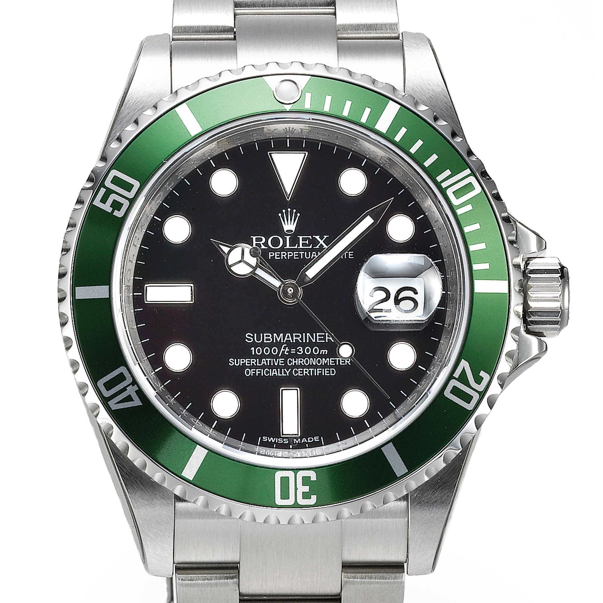 Rolex, A STAINLESS STEEL AUTOMATIC CENTER SECONDS WRISTWATCH WITH DATE, BRACELET AND GREEN BEZEL CIRCA 2007 REF 16610 OYSTER PERPETUAL DATE SUBMARINER