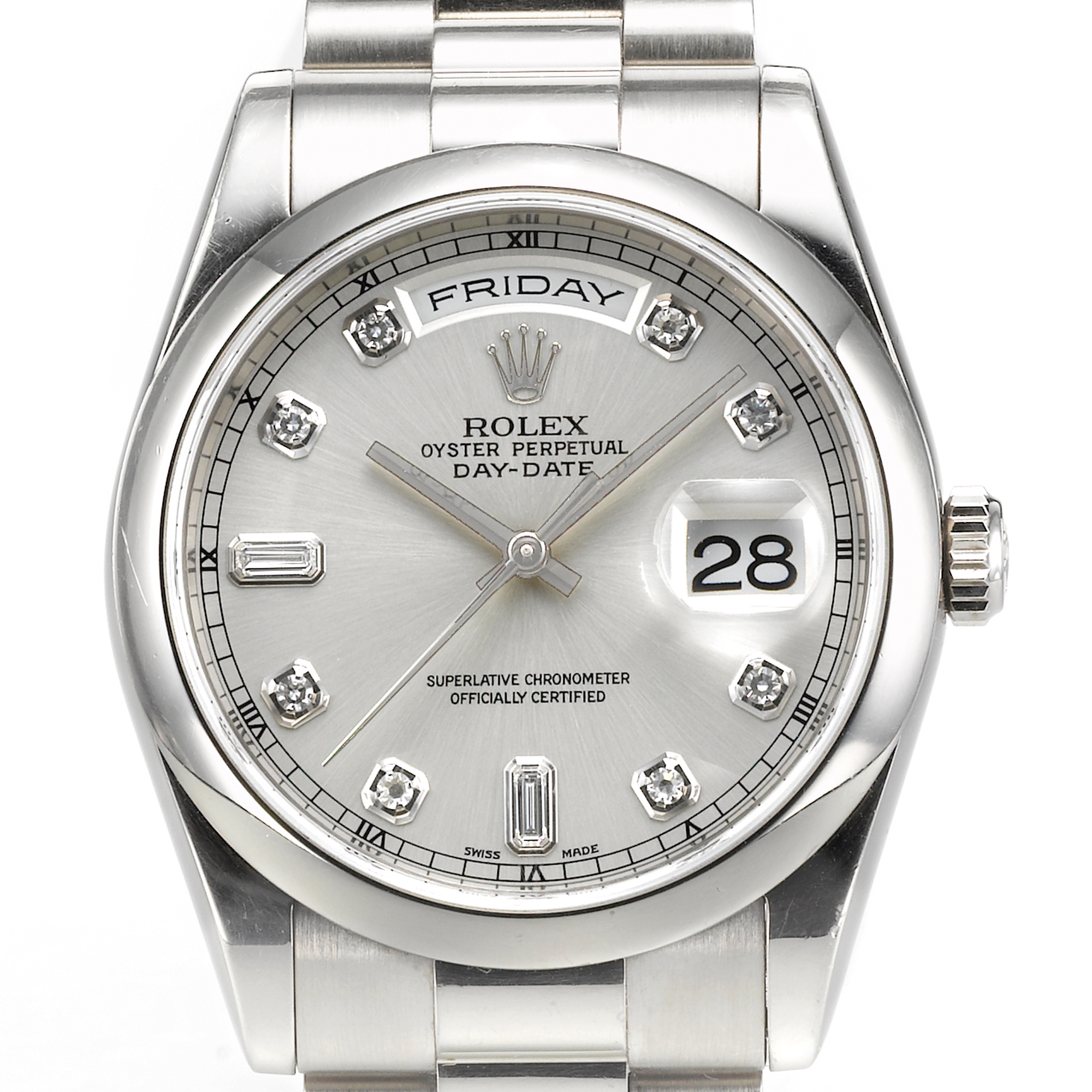 Rolex, A WHITE GOLD DIAMOND SET AUTOMATIC CENTER SECONDS WRISTWATCH  WITH DAY, DATE AND BRACELET CIRCA 2000 REF 118209