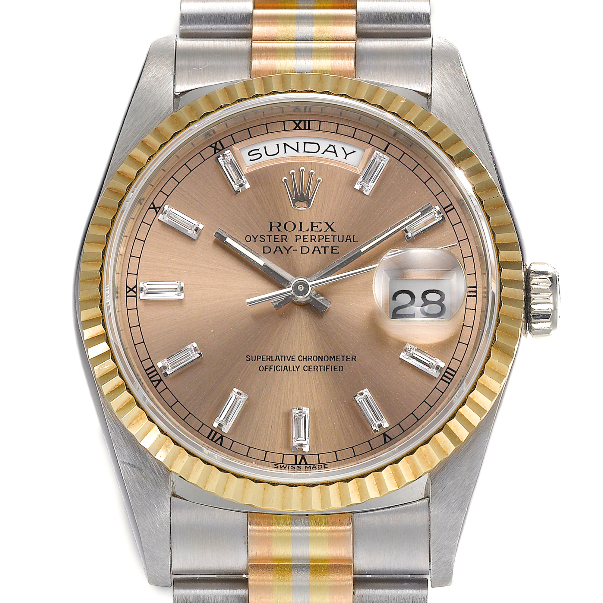 Rolex, A THREE COLOR GOLD AND DIAMOND SET AUTOMATIC CENTER SECONDS WRISTWATCH WITH DAY, DATE AND BRACELET CIRCA 1990 REF 18239B OYSTER PERPETUAL DAY-DATE 'TRIDOR'