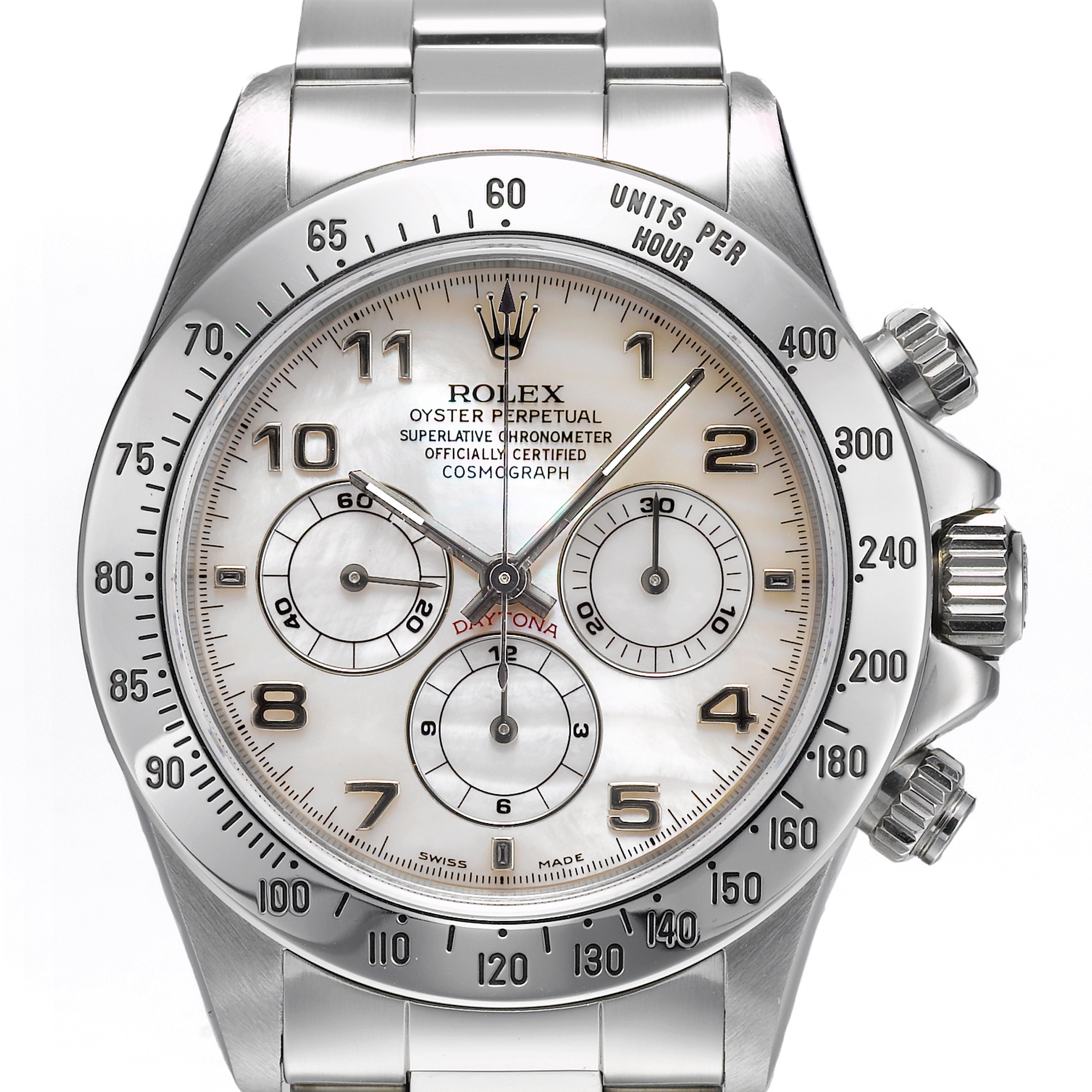 Rolex, A STAINLESS STEEL AUTOMATIC CHRONOGRAPH WRISTWATCH WITH REGISTERS, BRACELET AND MOTHER-OF-PEARL DIAL CIRCA 1997 REF 16520 OYSTER PERPETUAL COSMOGRAPH DAYTONA