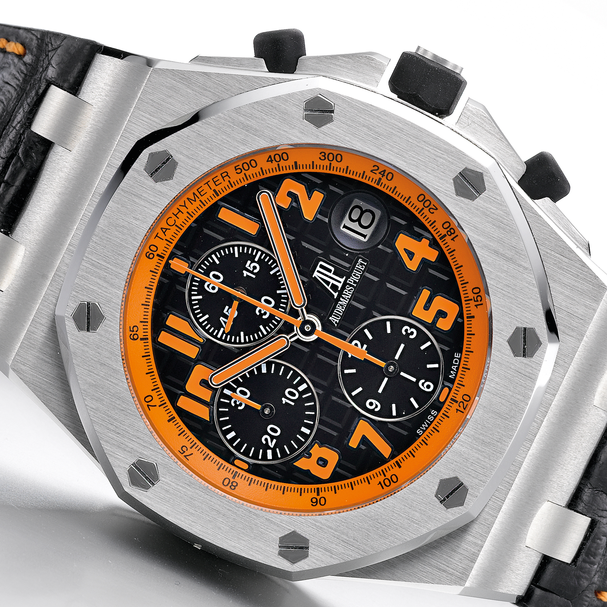 Audemars Piguet, AN OVERSIZED STAINLESS STEEL AUTOMATIC CHRONOGRAPH WRISTWATCH WITH DATE, TACHYMETER AND REGISTERS CIRCA 2008 ROYAL OAK OFFSHORE VOLCANO NO 125