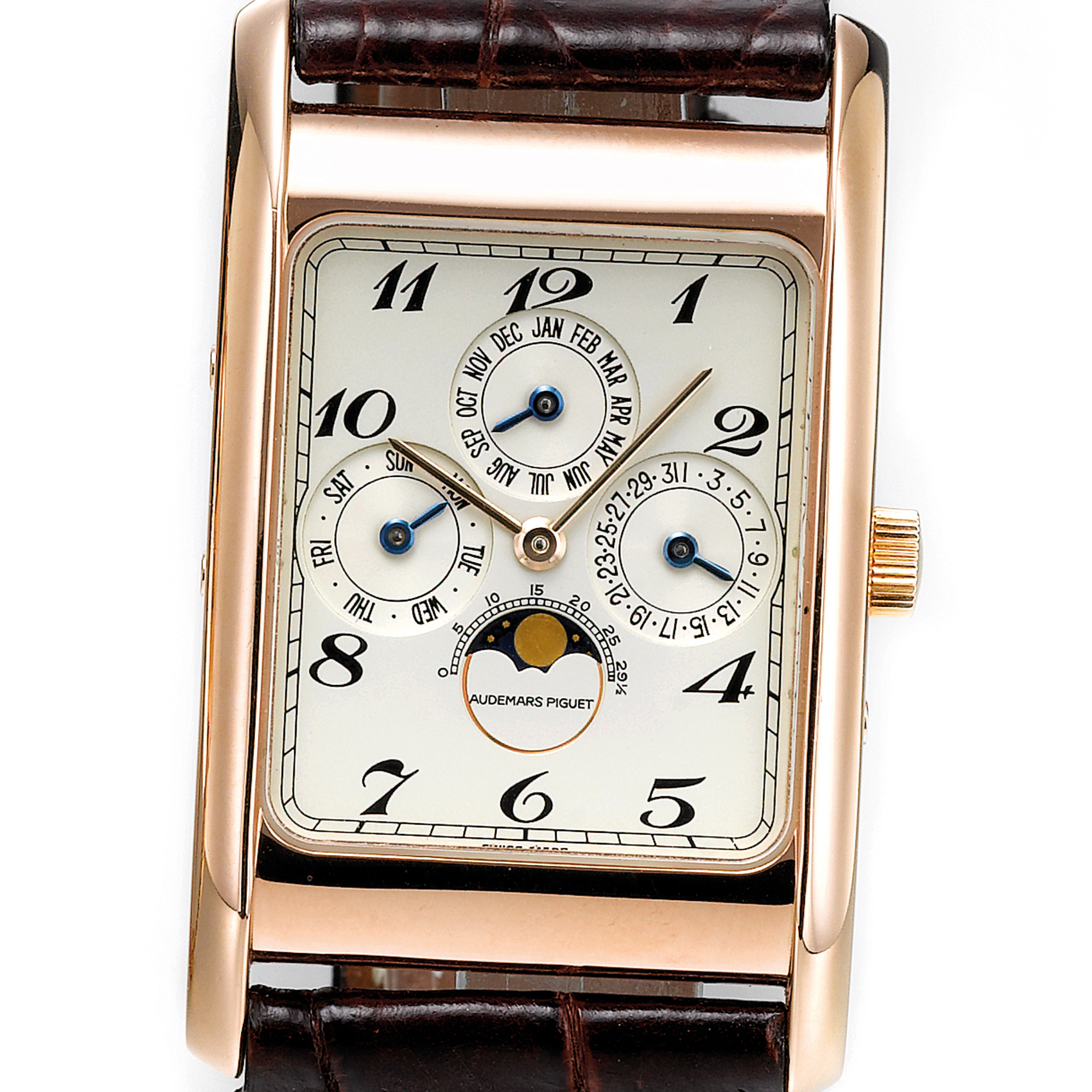 Audemars Piguet, A PINK GOLD RECTANGULAR PERPETUAL CALENDAR WRISTWATCH WITH MOON-PHASES CIRCA 1995 EDWARD PIGUET NO 13