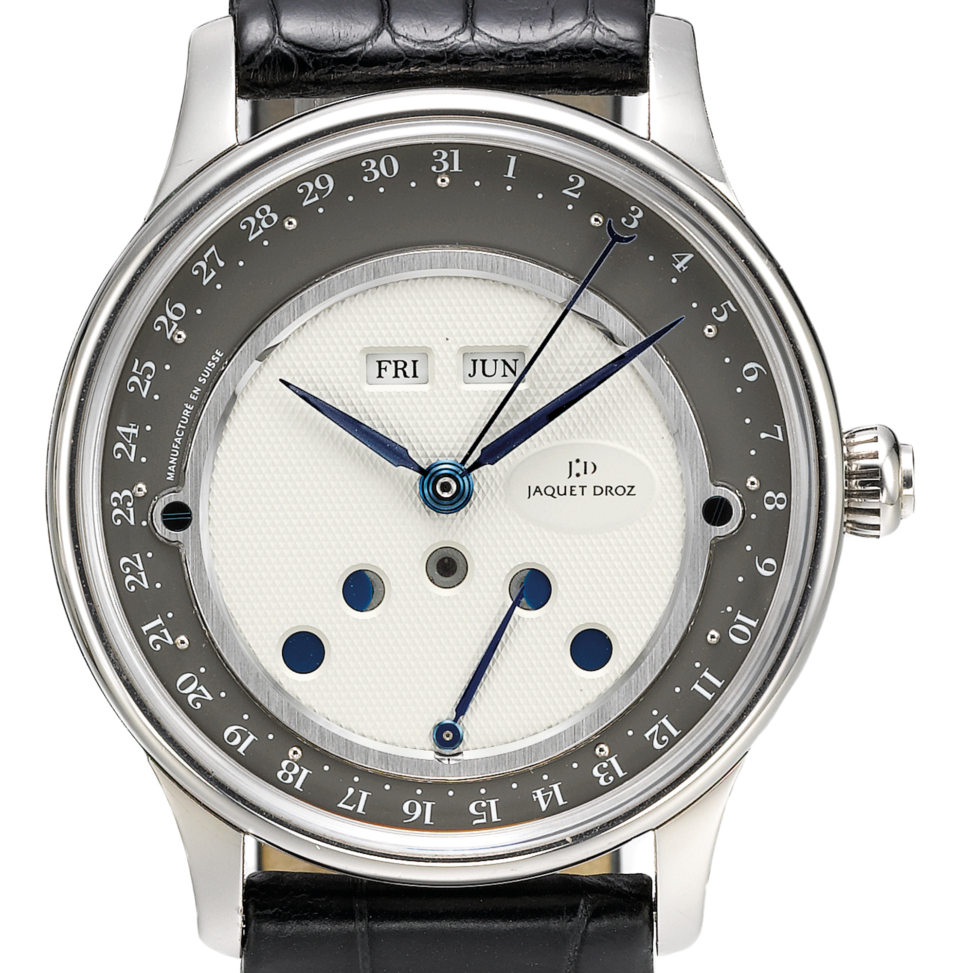 Jaquet Droz, A WHITE GOLD TRIPLE CALENDAR AUTOMATIC WRISTWATCH WITH RETROGRADE MOON-PHASES CIRCA 2006 LES LUNES REHAUT ARDOISE NO 3