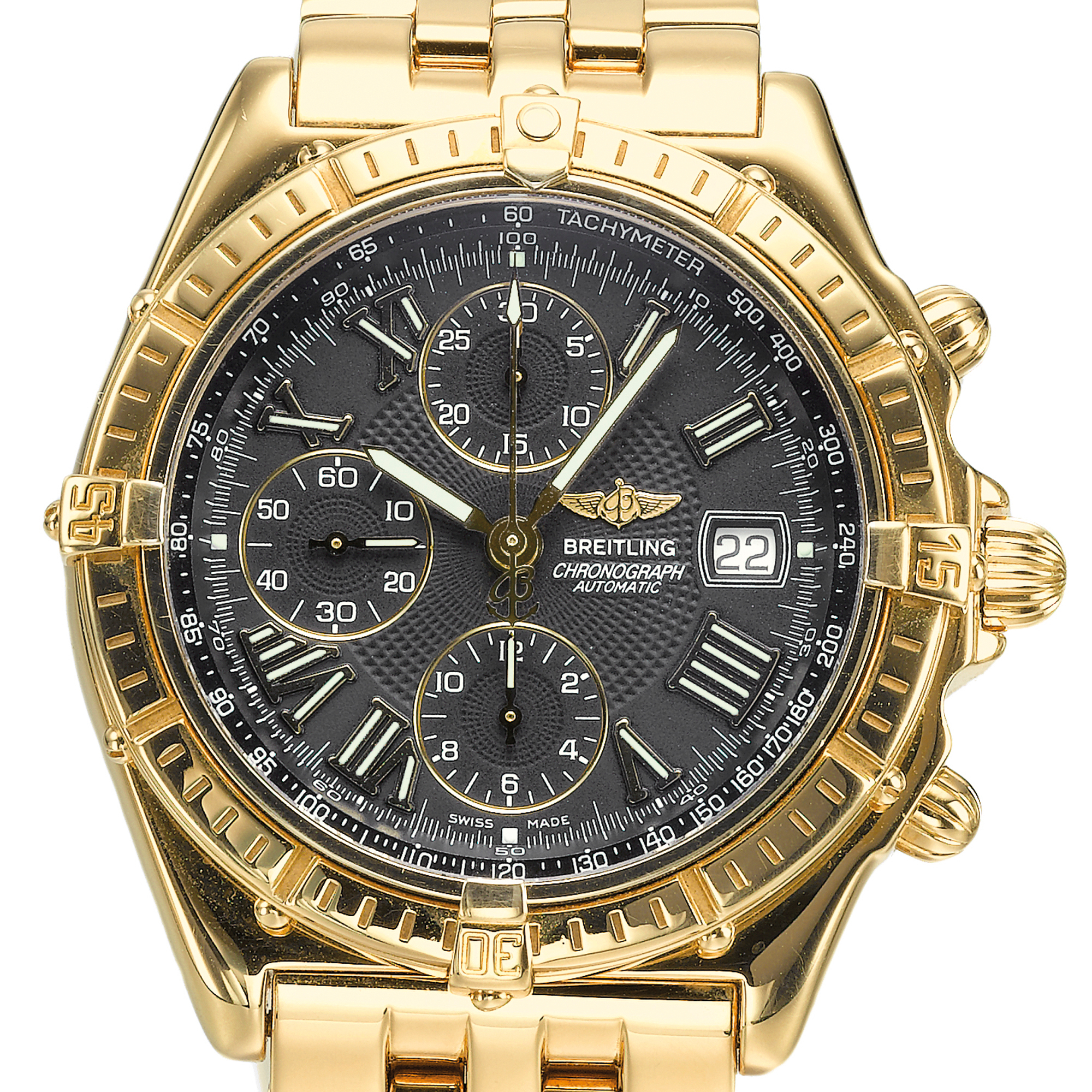 Breitling, A YELLOW GOLD AUTOMATIC CHRONOGRAPH WRISTWATCH WITH DATE, REGISTERS AND BRACELET
