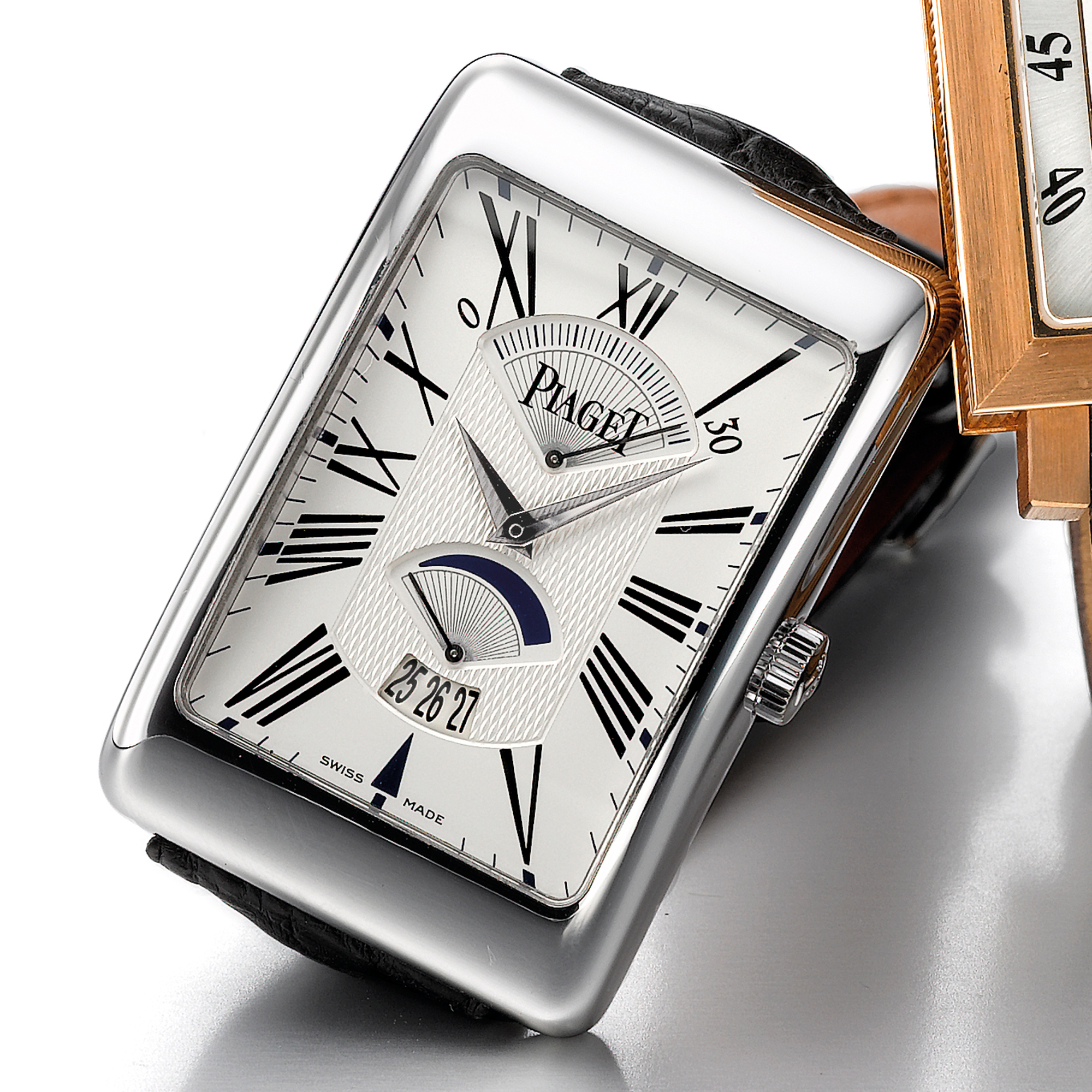 Piaget, A WHITE GOLD RECTANGULAR AUTOMATIC WRISTWATCH WITH DATE, RETROGRADE SECONDS AND POWER RESERVE INDICATION CIRCA 2004 EMPERADOR