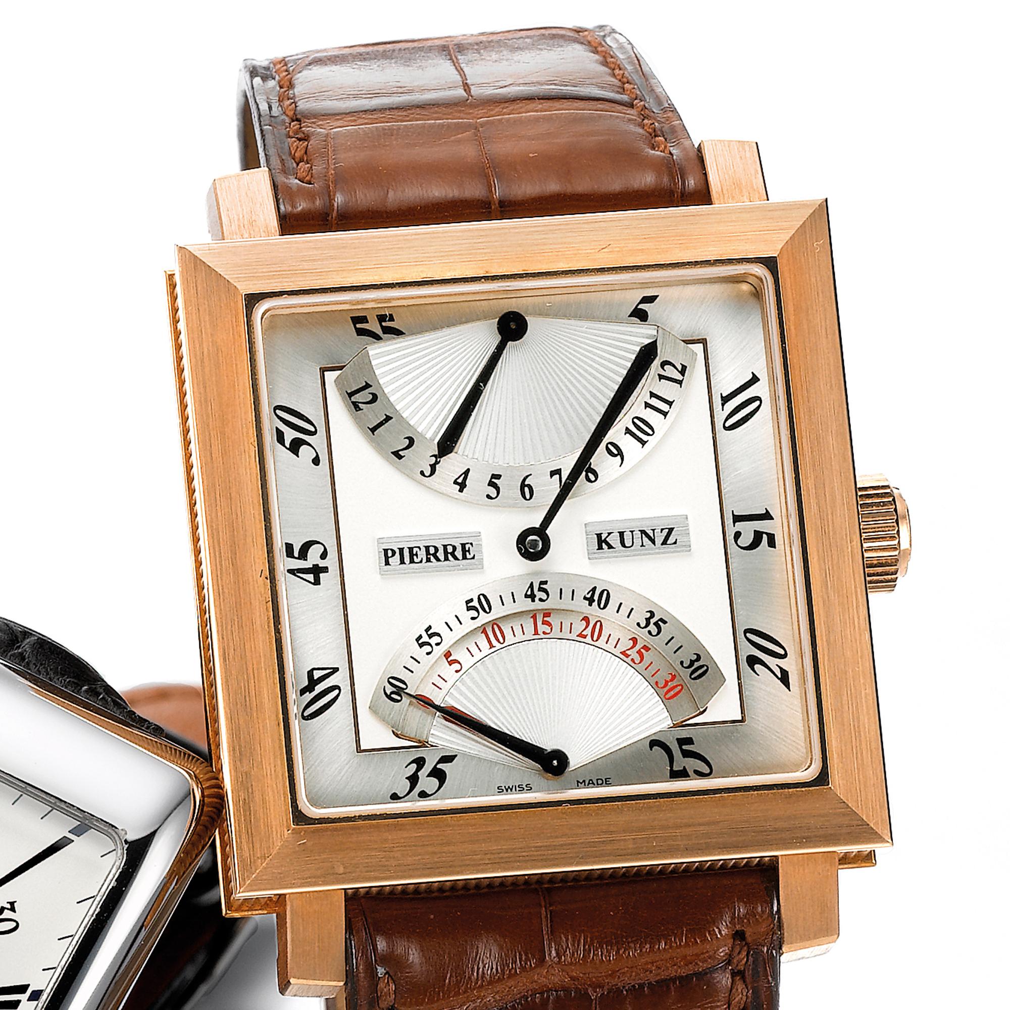 Pierre Kunz, A SQUARE PINK GOLD AUTOMATIC WRISTWATCH WITH RETROGRADE HOURS AND DOUBLE SECONDS CIRCA 2001 NO 1