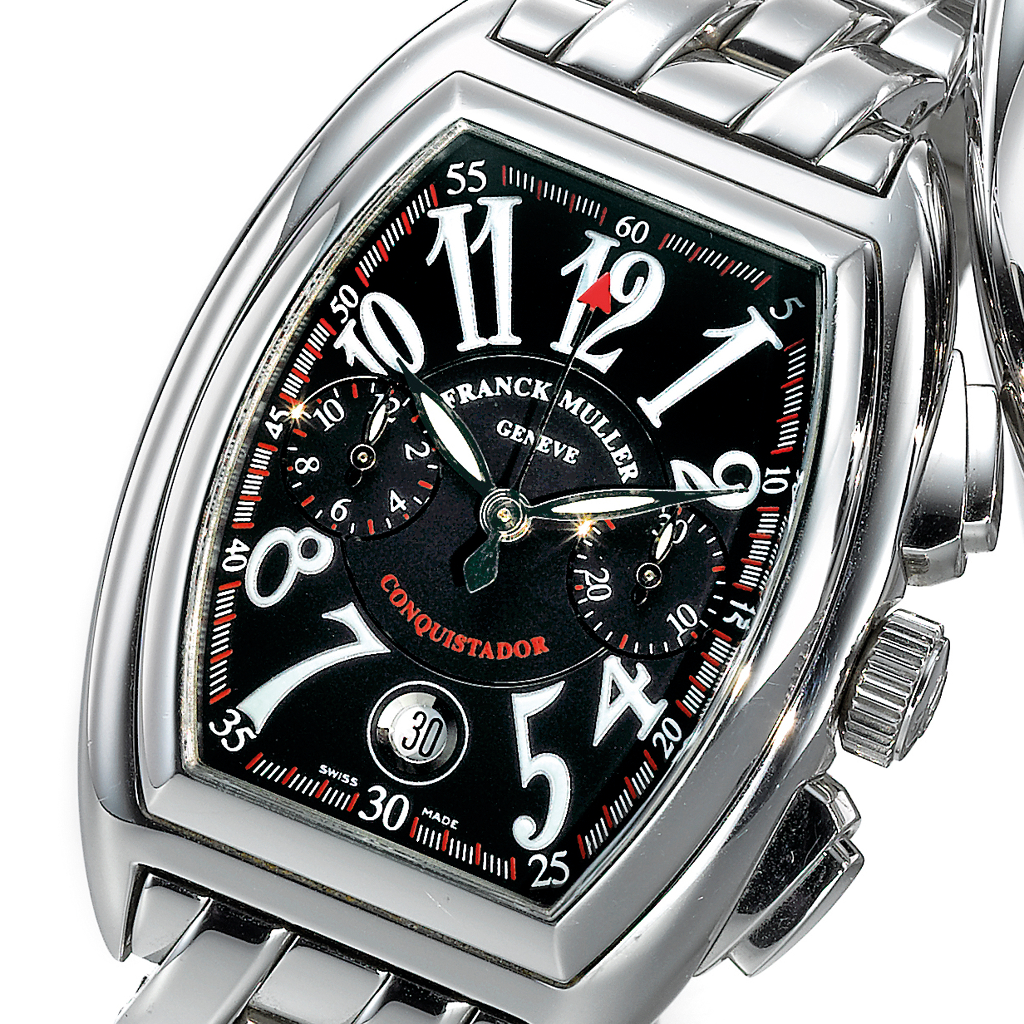 Franck Muller, A STAINLESS STEEL TONNEAU FORM AUTOMATIC CHRONOGRAPH WRISTWATCH WITH DATE, REGISTERS AND BRACELET 