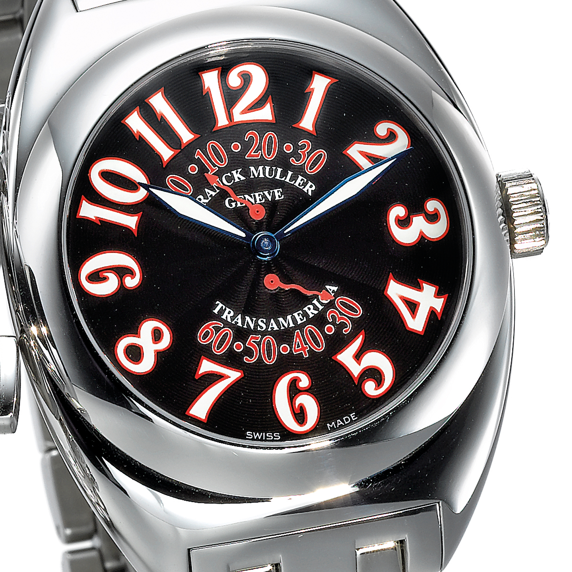 Franck Muller, A STAINLESS STEEL TONNEAU FORM AUTOMATIC WRISTWATCH WITH DOUBLE RETROGRADE SECONDS AND BRACELET CIRCA 2000 TRANSAMERICA REF 2000 SR NO 875