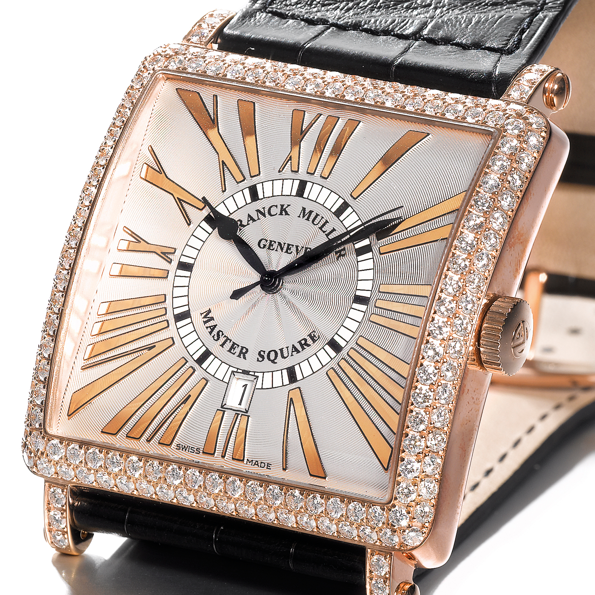 Franck Muller, AN OVERSIZED PINK GOLD AND DIAMOND SET CURVED SQUARE AUTOMATIC CENTER SECONDS WRISTWATCH WITH DATE CIRCA 2007 REF 6000 K RELIEF NO 268 
