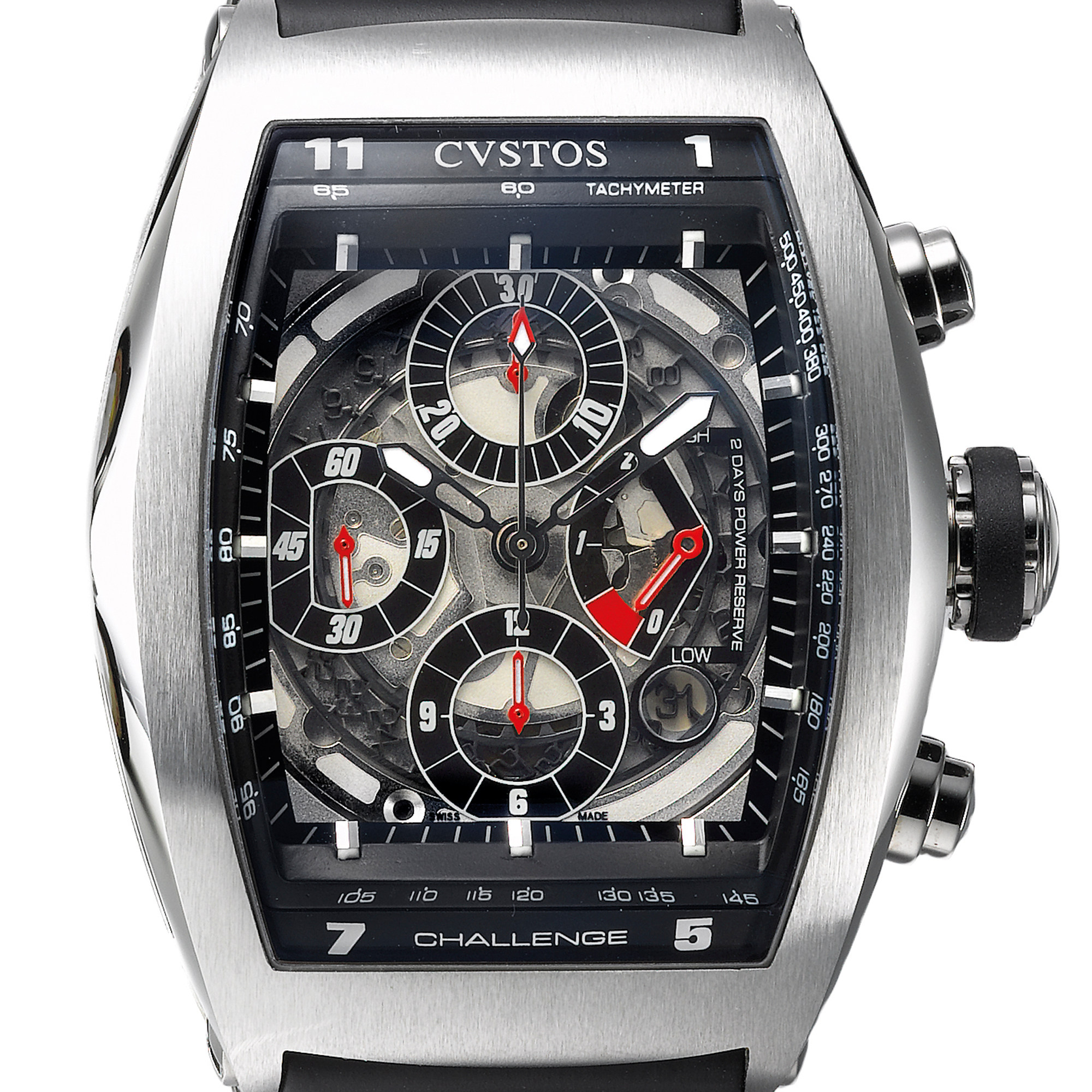 Cvstos, AN OVERSIZED STAINLESS STEEL TONNEAU FORM AUTOMATIC CHRONOGRAPH WRISTWATCH WITH TACHYMETER, REGISTERS AND POWER RESERVE INDICATION CIRCA 2007 CHALLENGE-R CHRONO