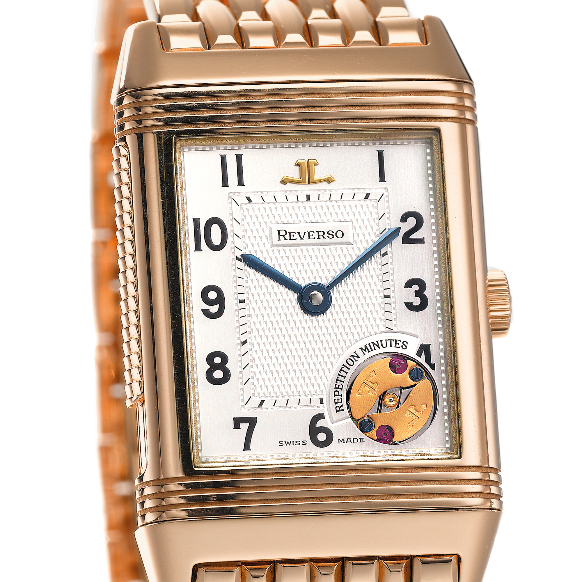 Jaeger-LeCoultre, A FINE PINK GOLD LIMITED EDITION RECTANGULAR MINUTE REPEATING REVERSIBLE WRISTWATCH WITH BRACELET CIRCA 1995 REVERSO REPETITION MINUTES NO 320/500