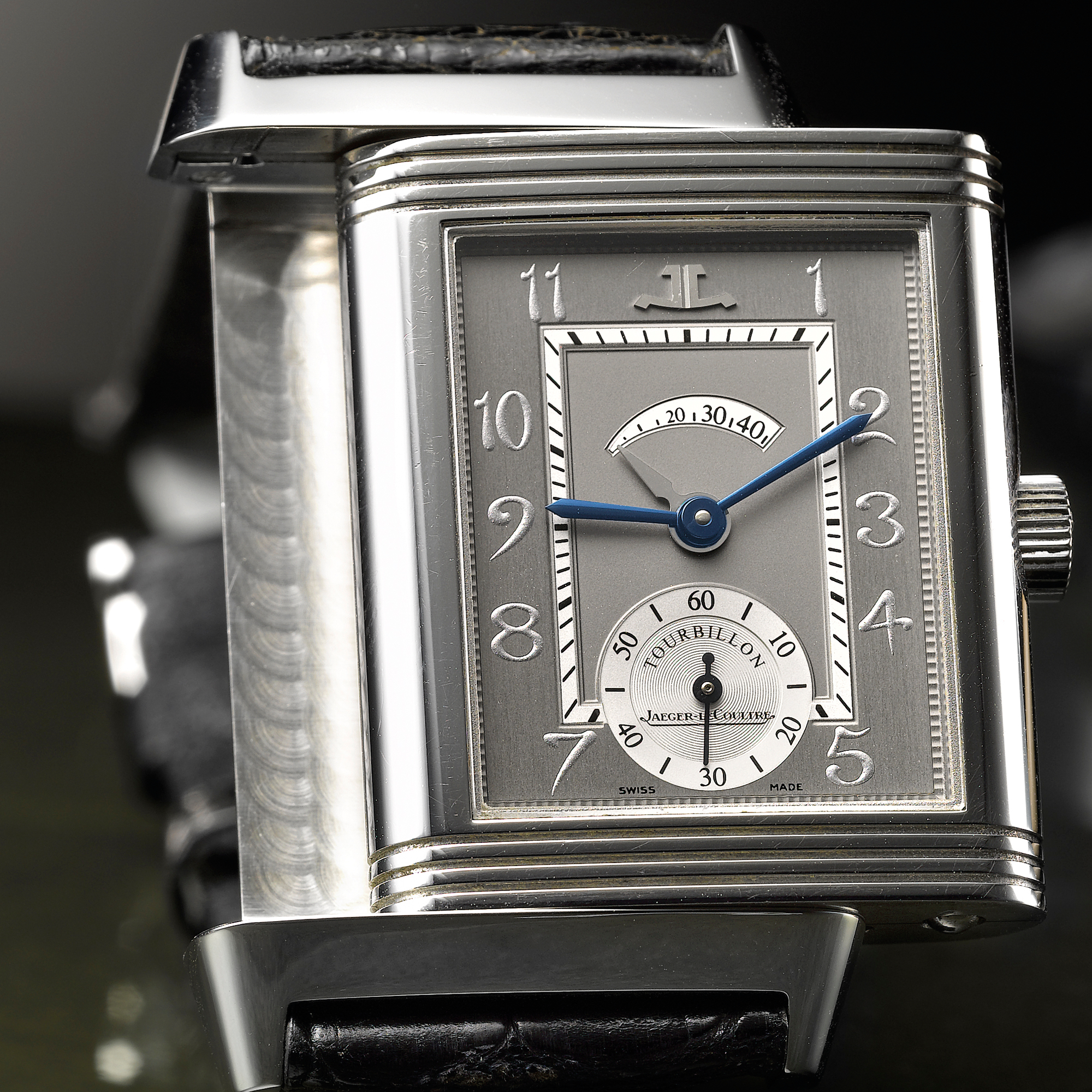Jaeger-Lecoultre, A FINE LIMITED EDITION RECTANGULAR REVERSIBLE PLATINUM ONE MINUTE TOURBILLON WRISTWATCH WITH POWER RESERVE INDICATION CIRCA 2003 REVERSO PLATINUM NUMBER TWO N0 181/500